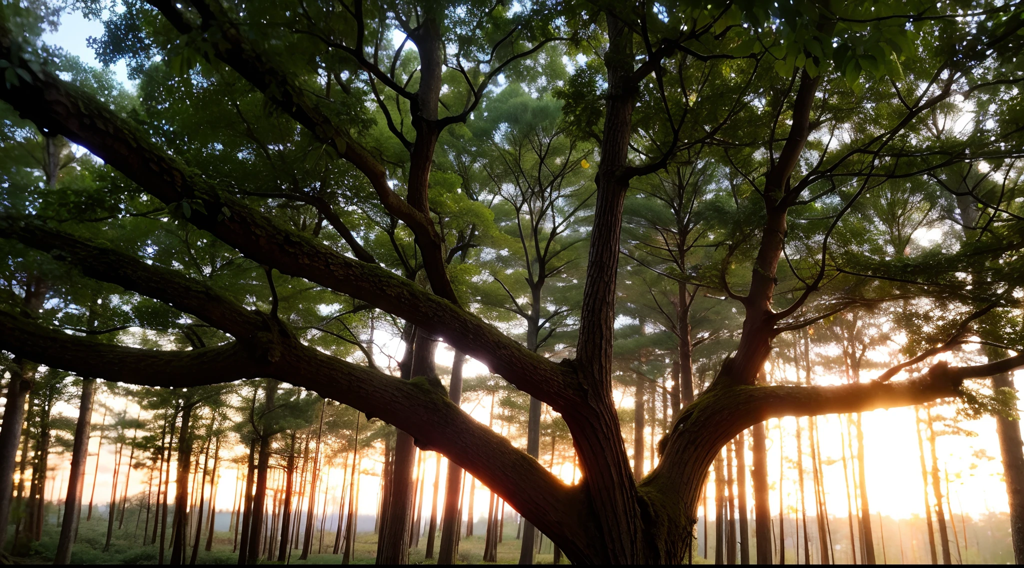 early evening、In the middle of the forest、Close-up on a branch、Trees illuminated at sunset々、very real、photo-like、 masutepiece, Best Quality, hight resolution, in 8K