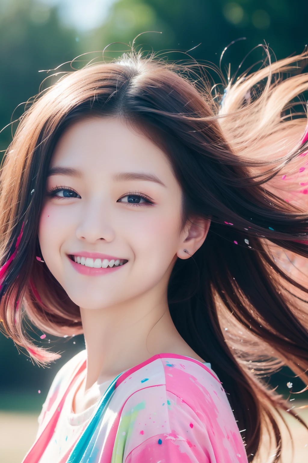 (top-quality、8K、32K、masterpiece)Background splattered with colorful paint、Idol、Hair fluttering in the wind、Dancing
