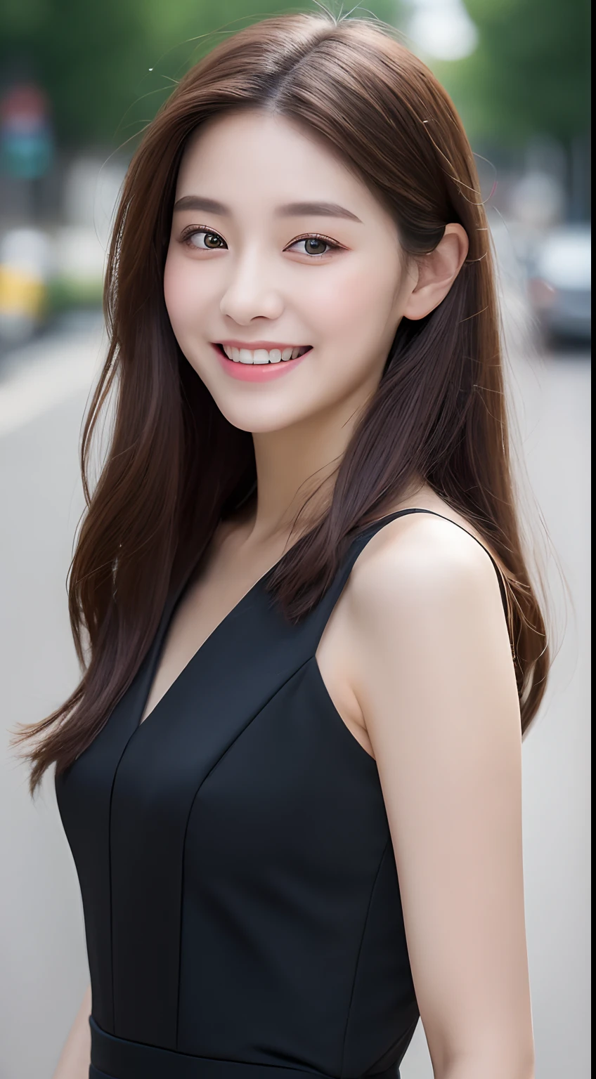 ((Best quality, 8k, Masterpiece :1.3)), 1girl, smiling, full body, slim face, Pretty woman, (Dark brown hair), full length dress :1.1, Ultra-detailed face, Detailed eyes, Double eyelid, blur background, slim face, city, outside, street,