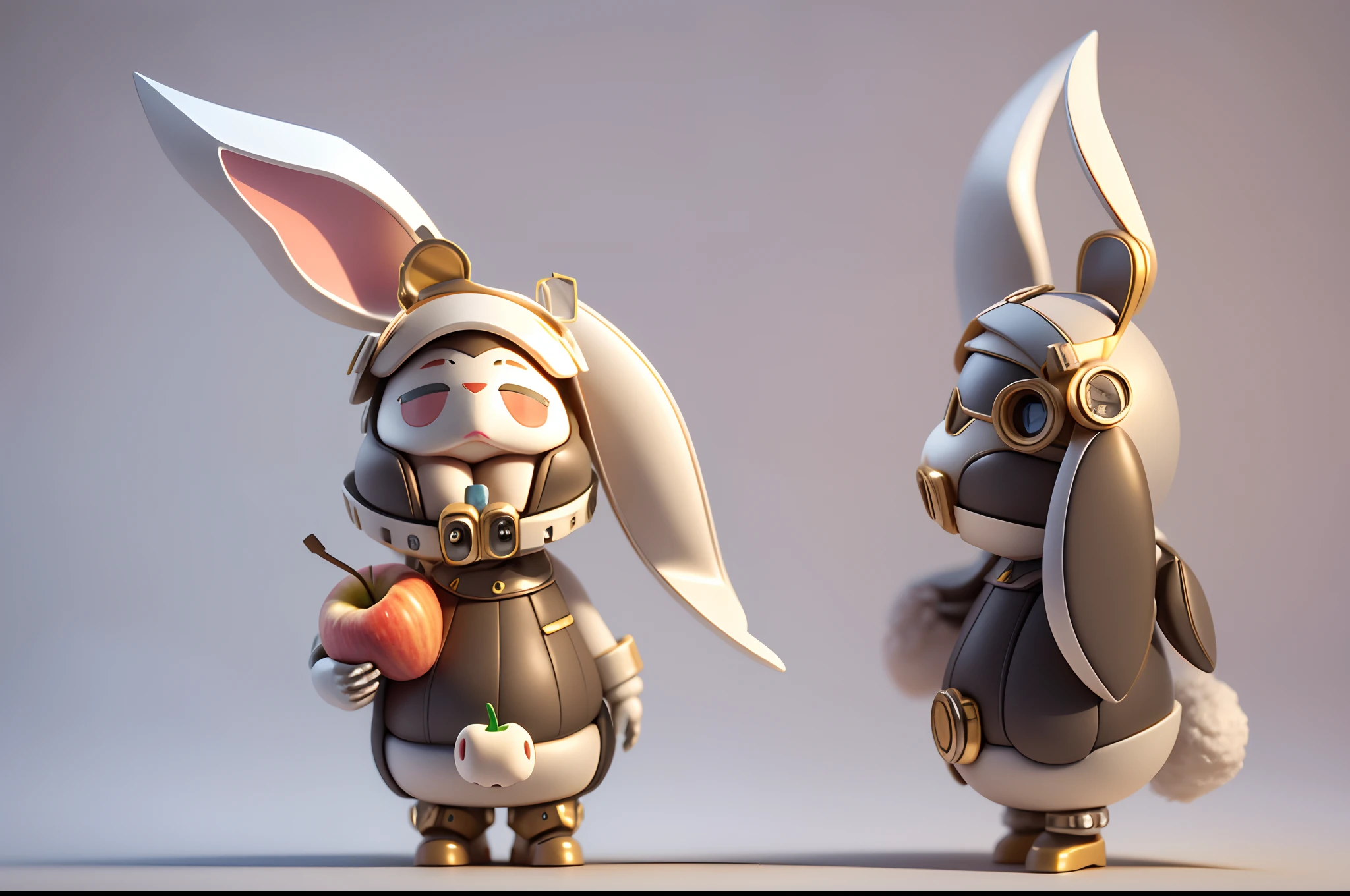 Model of two rabbits wearing apples and goggles, Helmet rabbit, rabbit robot, mecha anthropomorphic penguin, Rabbit_Character_chest_chest, composite_In_scybernetic_Rabbit_hor ears, Cute_scybernetic_Gods, Anthropomorphic_robot_Man [ Fart thing ], Rabbit_warrior, Anthropomorphic_Rabbit_woman, composite_In_Rabbit_suit, Rabbit_woman_suit, Exquisite 3D pvc model in little cute isometric bunny emoji, soft smooth lighting, soft and muted colors, 3d icon clay render, 3d blender render, physically-based renderingt.