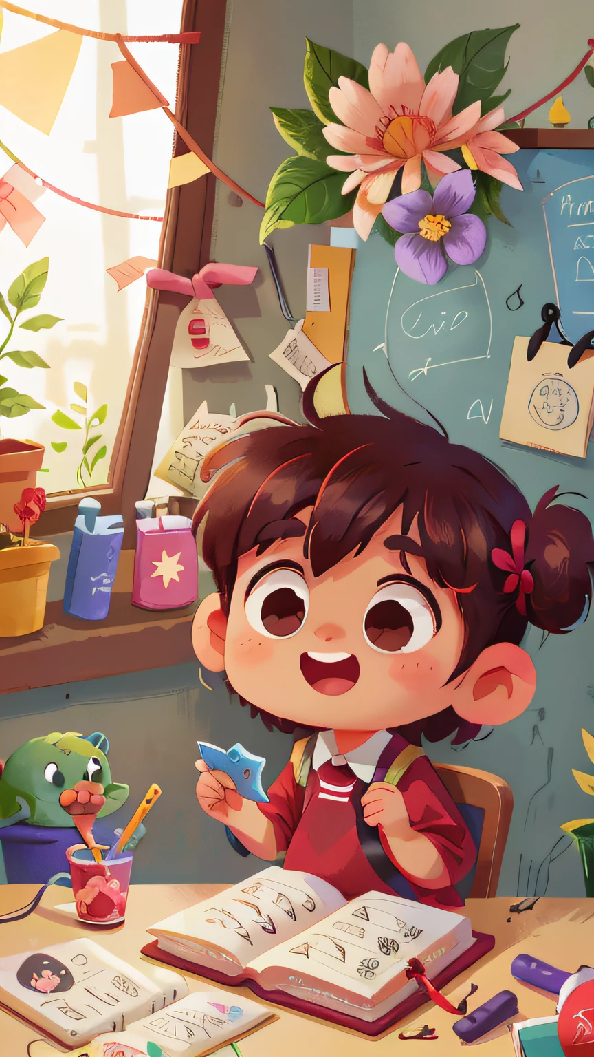 A little boy who is learning and a little girl who is learning,School Classroom,cheerfulness,Rejoice,Perfect quality,Clear focus(Clutter - home:0.8), (tmasterpiece:1.2) (realisticlying:1.2) (Bokeh) (best qualtiy) (detailedskin:1.3) (complexdetails) (8K) (detailedeyes) (Sharp focus),(having fun