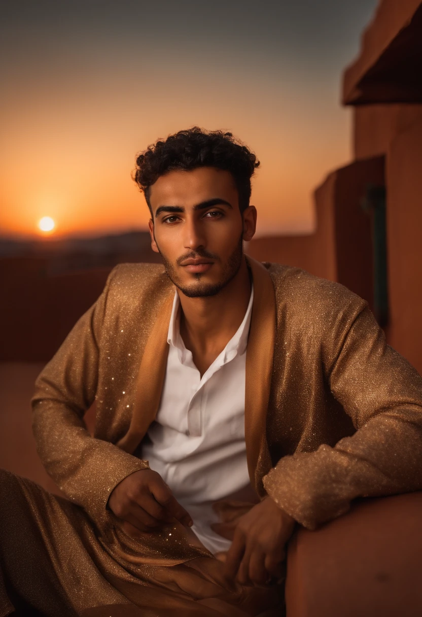 world press photo winner, (award-winning photography:1.3), (modern Moroccan man, beautiful face, 23-years old guy, Moroccan skin tone, typical Moroccan male features:1.4), clear asymmetrical eyes, (very sharp photo:1.1), (8k, RAW photo, best quality:1.3), (realistic, photo-realistic, modest clothes:1.1), riad rooftop, Marrakech view, Amazigh pillows, romantic, moroccan lamps, sexy, gorgeous roses, exotic, glimmering lights, magical, super romance, Portait of a (sexy modern Moroccan man under the stars:1.5), analog style (look at viewer:1.2) (skin texture) (film grain:1.3), (warm hue, warm tone:1.2), cinematic light, sidelighting, ultra high res, best shadow, RAW, full body, wearing button-up shirt
