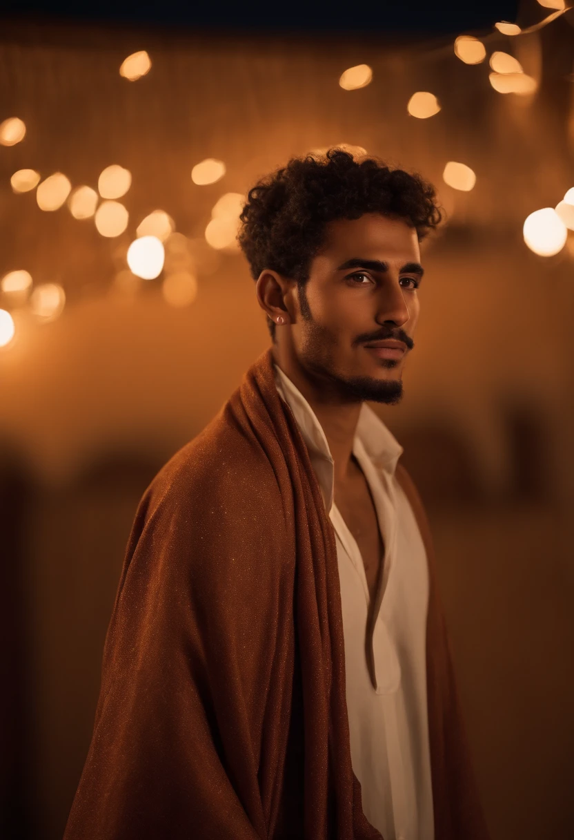 world press photo winner, (award-winning photography:1.3), (modern Moroccan man, beautiful face, 23-years old guy, Moroccan skin tone, typical Moroccan male features:1.4), clear asymmetrical eyes, (very sharp photo:1.1), (8k, RAW photo, best quality:1.3), (realistic, photo-realistic, modest clothes:1.1), riad rooftop, Marrakech view, Amazigh pillows, romantic, moroccan lamps, sexy, gorgeous roses, exotic, glimmering lights, magical, super romance, Portait of a (sexy modern Moroccan man under the stars:1.5), analog style (look at viewer:1.2) (skin texture) (film grain:1.3), (warm hue, warm tone:1.2), cinematic light, sidelighting, ultra high res, best shadow, RAW, full body, wearing button-up shirt