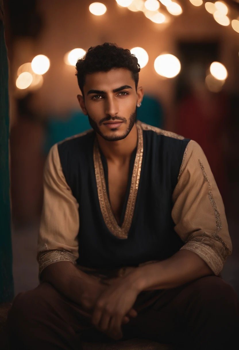 world press photo winner, (award-winning photography:1.3), (modern Moroccan man, beautiful face, 23-years old guy, Moroccan skin tone, typical Moroccan male features:1.4), clear asymmetrical eyes, (very sharp photo:1.1), (8k, RAW photo, best quality:1.3), (realistic, photo-realistic, modest clothes:1.1), riad rooftop, Marrakech view, Amazigh pillows, romantic, moroccan lamps, sexy, gorgeous roses, exotic, glimmering lights, magical, super romance, Portait of a (sexy modern Moroccan man under the stars:1.5), analog style (look at viewer:1.2) (skin texture) (film grain:1.3), (warm hue, warm tone:1.2), cinematic light, sidelighting, ultra high res, best shadow, RAW, full body, wearing button-up shirt