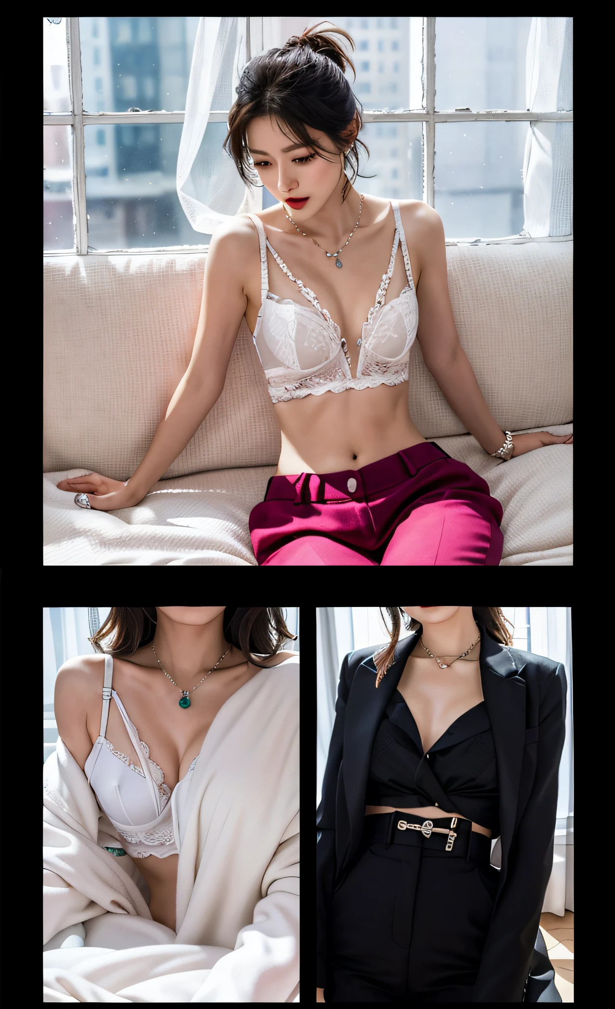 Gem Necklace, jewelry, Solo, 耳Nipple Ring, self-shot,(White bra） (floor to ceiling window)