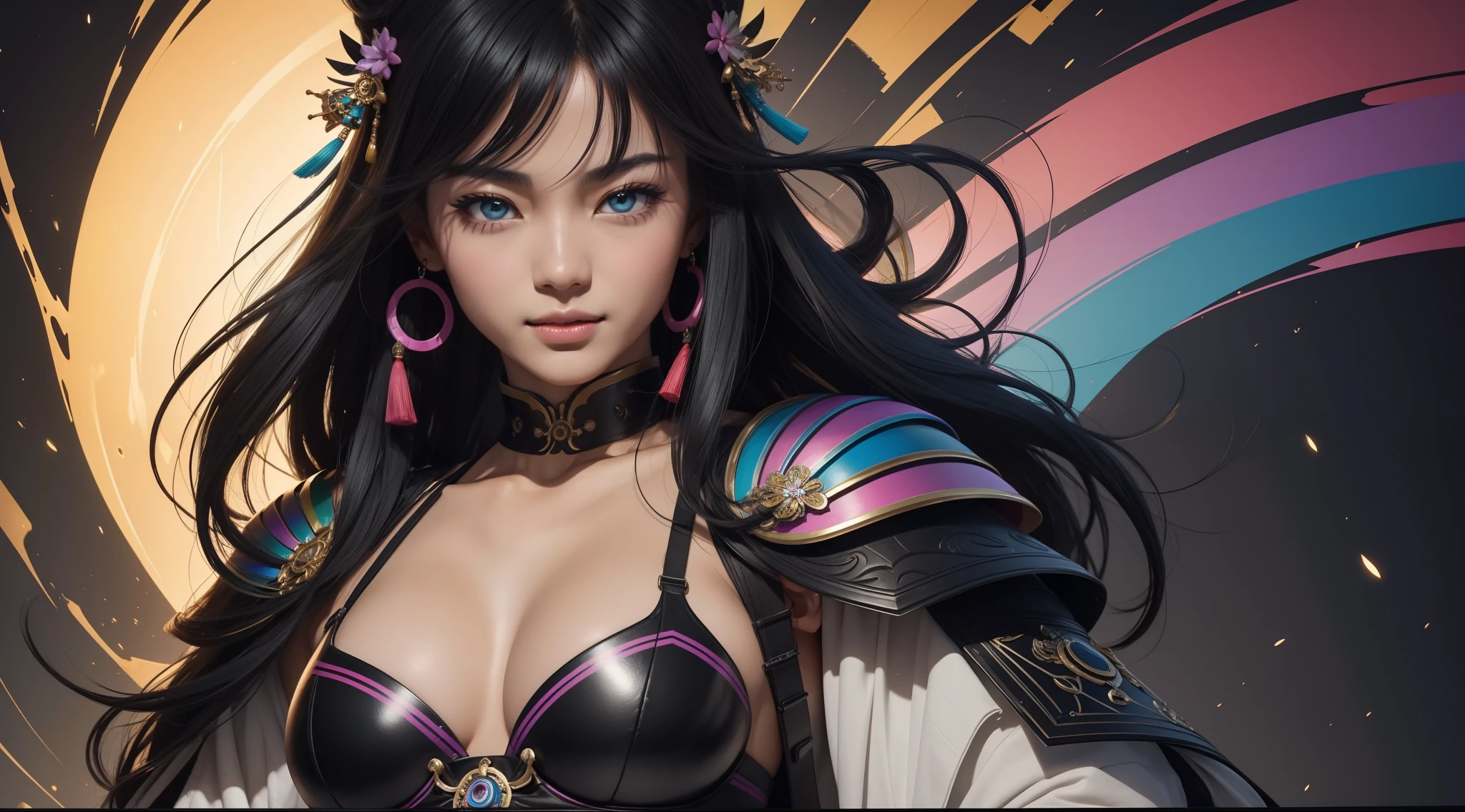 "20 years old cheerful Fubuki is a real masterpiece with feminine beauty, perfect anatomy. Olpntng style, colorful rainbow, black samurai outfit, clean design, epic Instagram, artstation, full full of color paint streaks, circles, contours When you look at her Beautiful eyes you will clearly see every little detail and perfect lines, every detail on the skin is beautiful in 8K quality. Mesmerized by the confidence that radiates from every glance. His head has black hair and his face has been meticulously painted in every detail with 8K image quality."