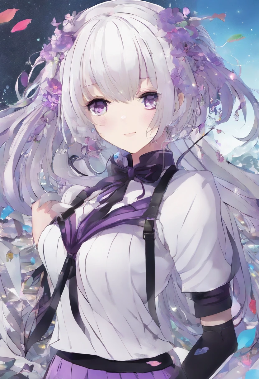 with short white hair,Purple pupils,Blackn clothes,JK Campus,white stockings,Tall and tall,Bad smile,lakeside,hair adornments