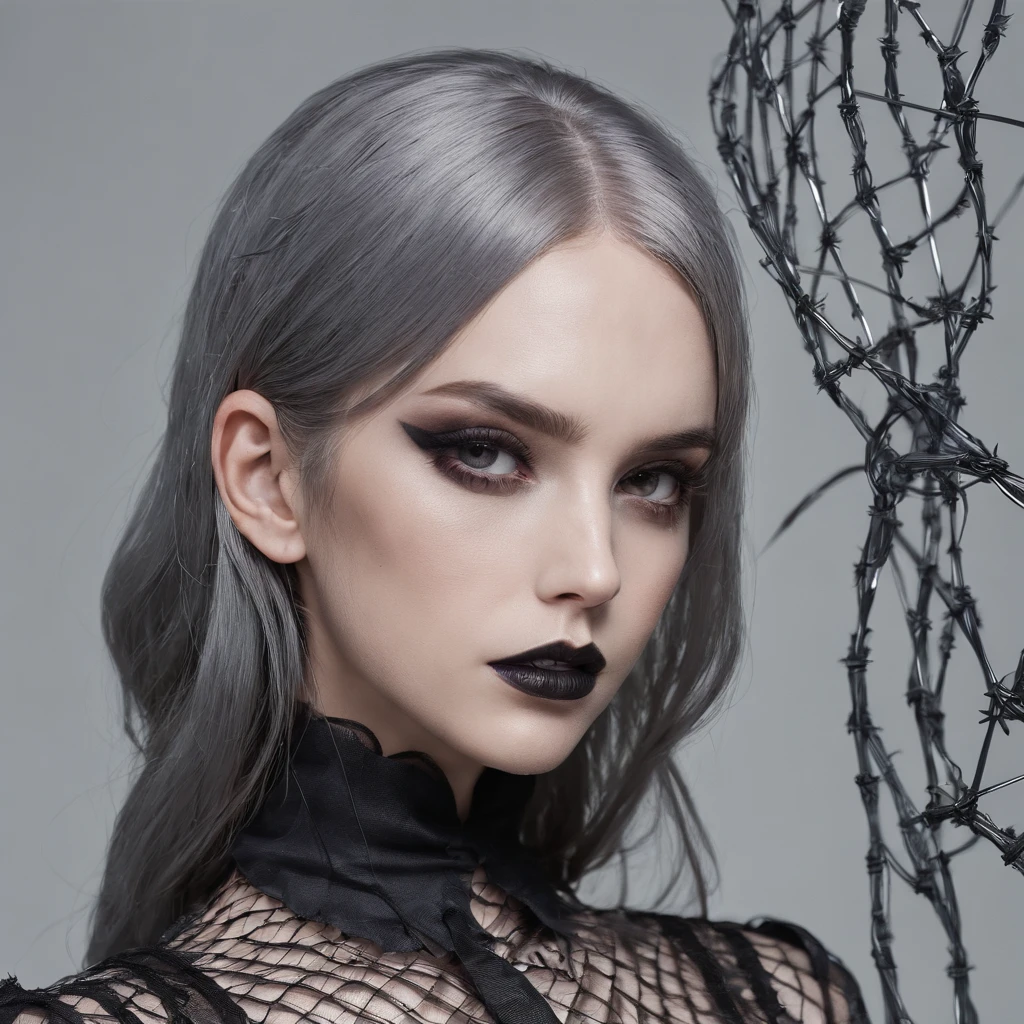 Girl with gothic net symbolic clothes, 。.com (Barbed wire of the body) brunette color hair，Gray hair ends