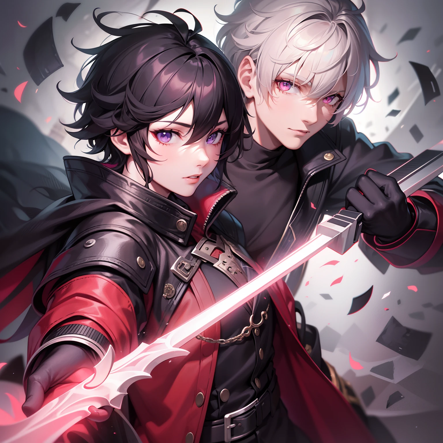 Best quality, masterpiece, digital art, artstation, 4k, HDR, volumetric lighting, RXY ADULT MALE MAN, short dark burgundy hair with bangs covering the left eye, white skin color, both eyes are obsidian purple, has a claw scar on the left eye, black cat ears on the head, with an iron great sword kept on the back in red color and in the middle of the sword has a black belt, is wearing black overcoat clothes with an Aristocrat V is underneath, gloves covering all hands