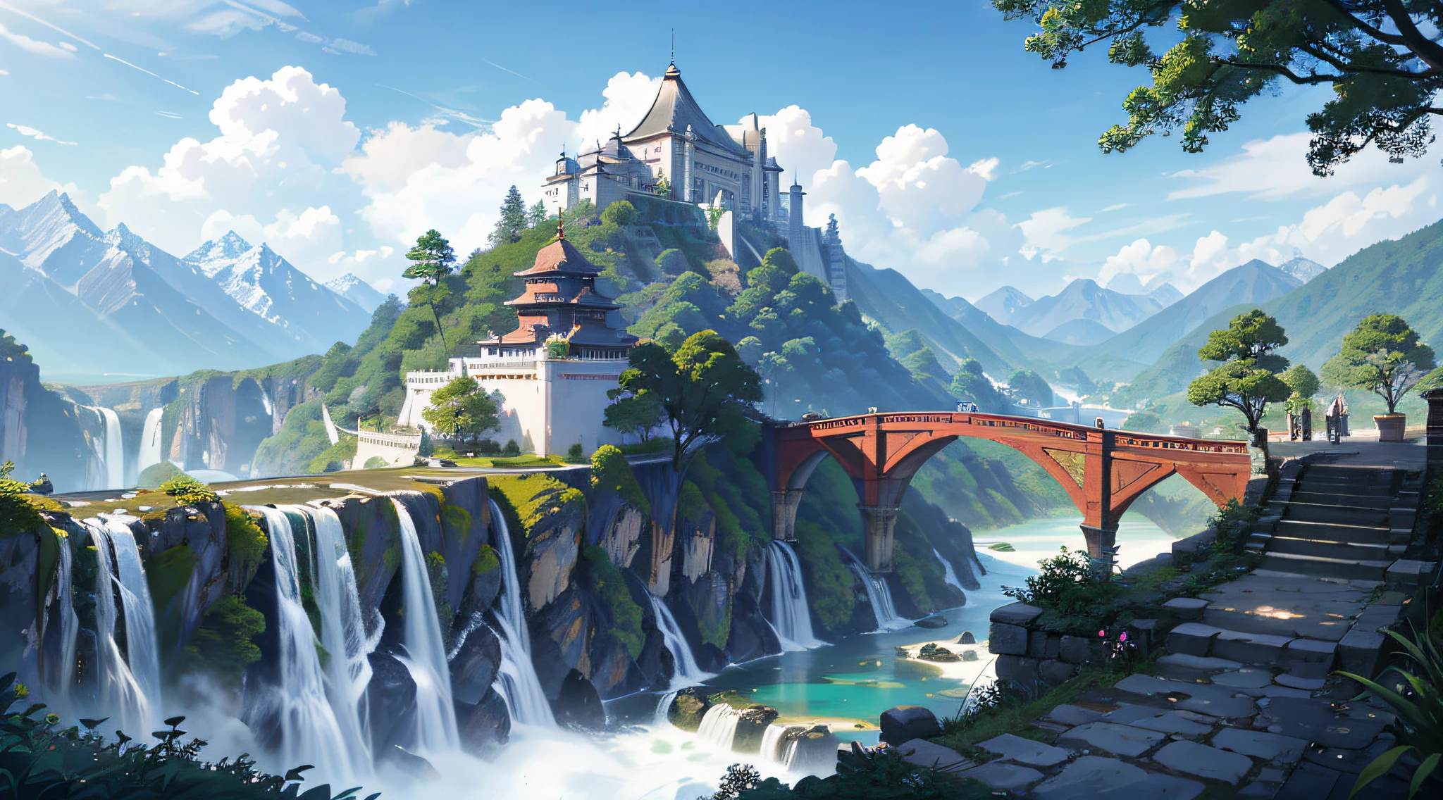 Beautiful wonderland，Water and mountains，Beautiful terrace（2），Flowers all over the mountains，Clear mountain streams，Antique stone arch bridge（2），Chinese palace architecture（2），Huge banyan tree（2），surrounded by cloud，After-rain scene，A beautiful glowing rainbow in the sky（2），Highly realistic，超高分辨率，high detal，Works of masters，in a panoramic view，Dingdall effect，Natural soft light --auto