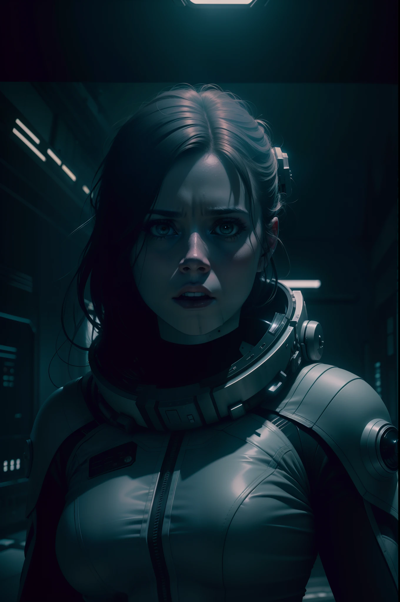 Hot terrified Sci fi Amy Adams on Ishimura Horror Space Ship photography, natural light, photorealism, cinematic rendering, ray tracing, the highest quality, the highest detail, Cinematic, Third-Person View, Blur Effect, Long Exposure, 8K, Ultra-HD, Natural Lighting, Moody Lighting, Cinematic Lighting