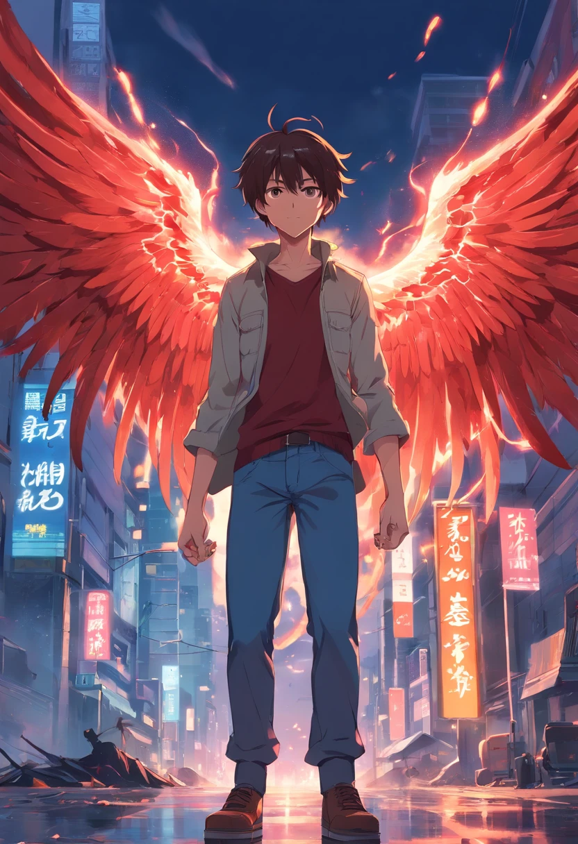 Create a powerful guy with demon wings and with bloods and dead body everywhere