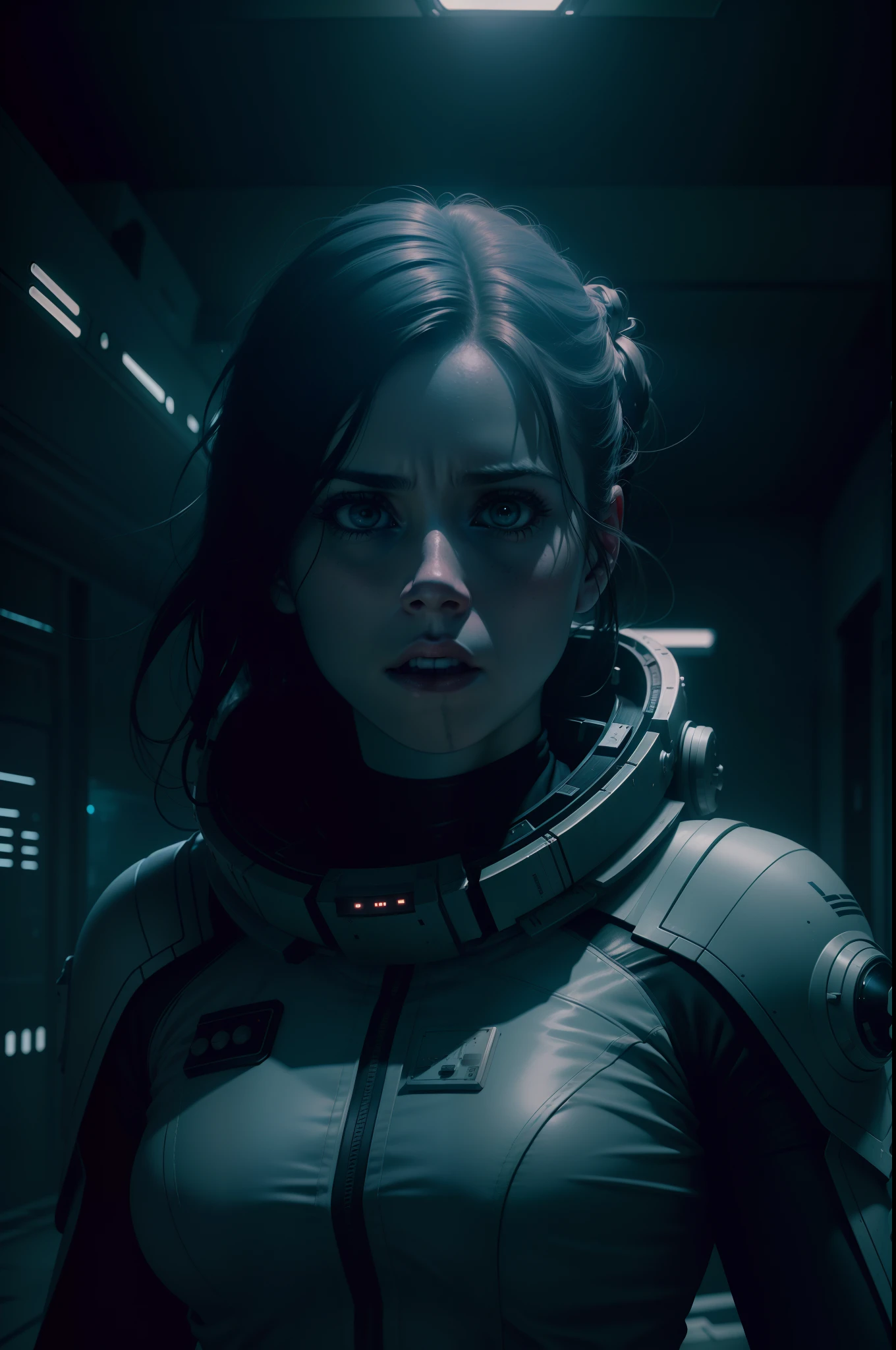 Hot terrified Sci fi Amy Adams on Ishimura Horror Space Ship photography, natural light, photorealism, cinematic rendering, ray tracing, the highest quality, the highest detail, Cinematic, Third-Person View, Blur Effect, Long Exposure, 8K, Ultra-HD, Natural Lighting, Moody Lighting, Cinematic Lighting