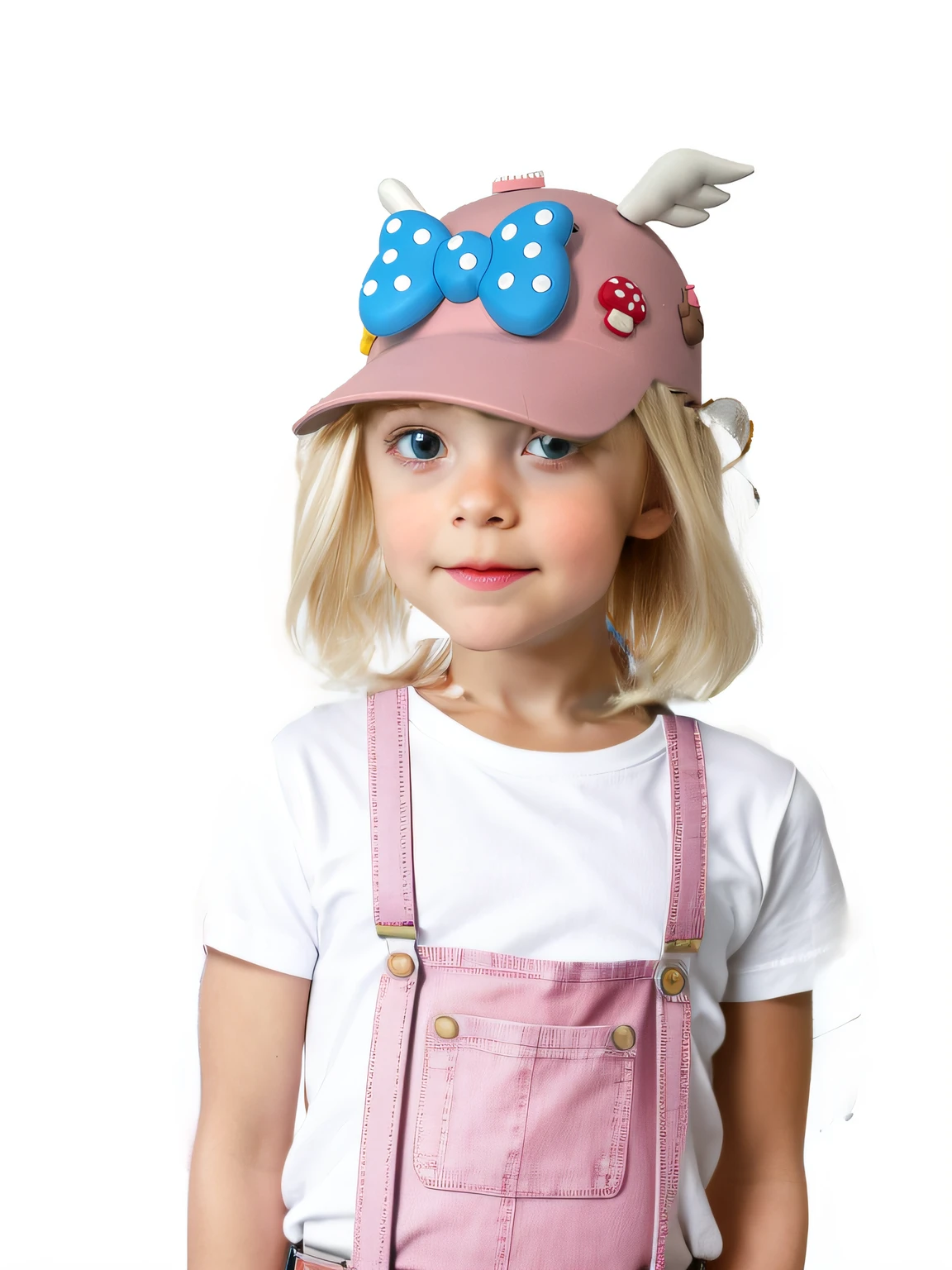 Loose and simple pink T-shirt，Loose white denim suspenders，The body of a small child，Bare arms droop naturally