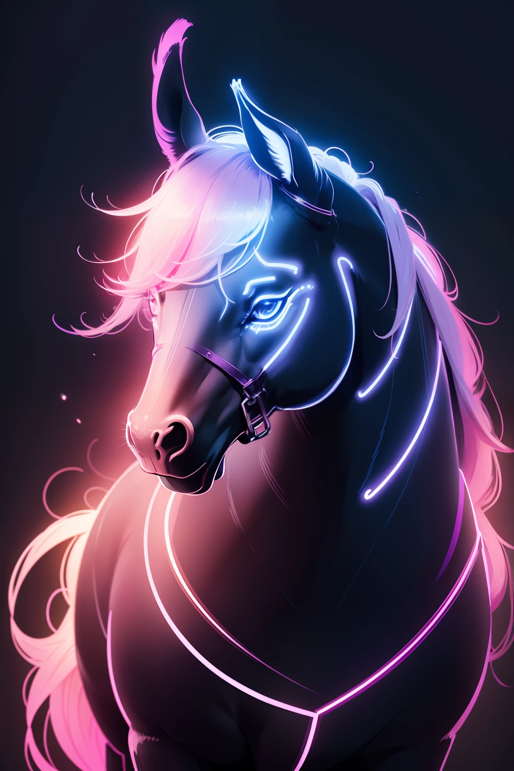 neons, icons, line-drawing, Tiere, kawaii, mare, Tiere, equine, It features a simple