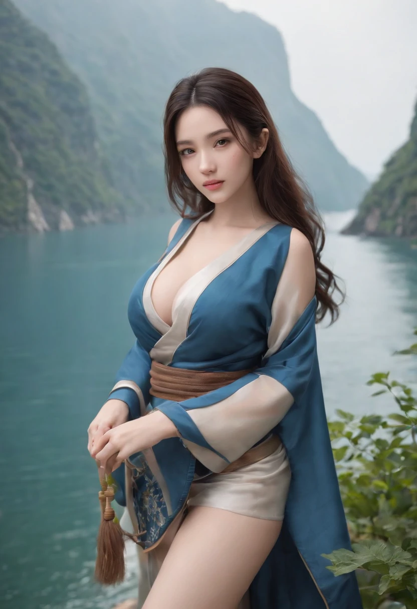 1girll,Chinese Traditional Cloth,((Take the water sword:1.3))blue waves background,Water Effects,Ink painting style,dynamicposes,Fighting posture,(NSFW),1beatiful girl,schoolgirl,Solo,(Off-the-shoulder kimono:1.3),Areola_nipslip,No bra,(no underwares:1.4),white legwear,Braided bangs,Very_Long_Hair,black_Hair,Dynamic hair,delicated face,slender leg,(Masterpiece, best qualtiy:1.1), (Ultra-detailed 8k CG:1.2), (Hyperrealistic:1.35), (Photorealistic:1.45),(Realistic:1.4),Childlike big breasts,