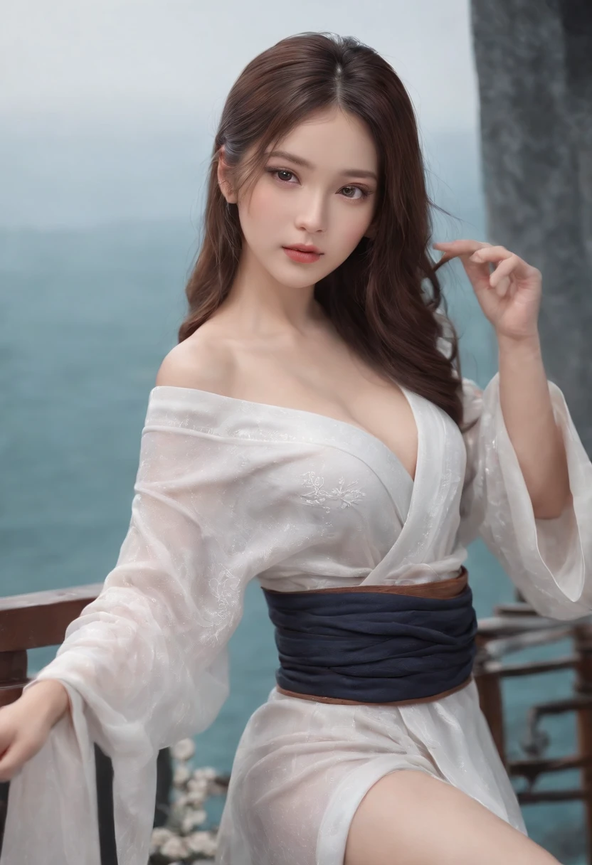 1girll,Chinese Traditional Cloth,((Take the water sword:1.3))blue waves background,Water Effects,Ink painting style,dynamicposes,Fighting posture,(NSFW),1beatiful girl,schoolgirl,Solo,(Off-the-shoulder kimono:1.3),Areola_nipslip,No bra,(no underwares:1.4),white legwear,Braided bangs,Very_Long_Hair,black_Hair,Dynamic hair,delicated face,slender leg,(Masterpiece, best qualtiy:1.1), (Ultra-detailed 8k CG:1.2), (Hyperrealistic:1.35), (Photorealistic:1.45),(Realistic:1.4),Childlike big breasts,