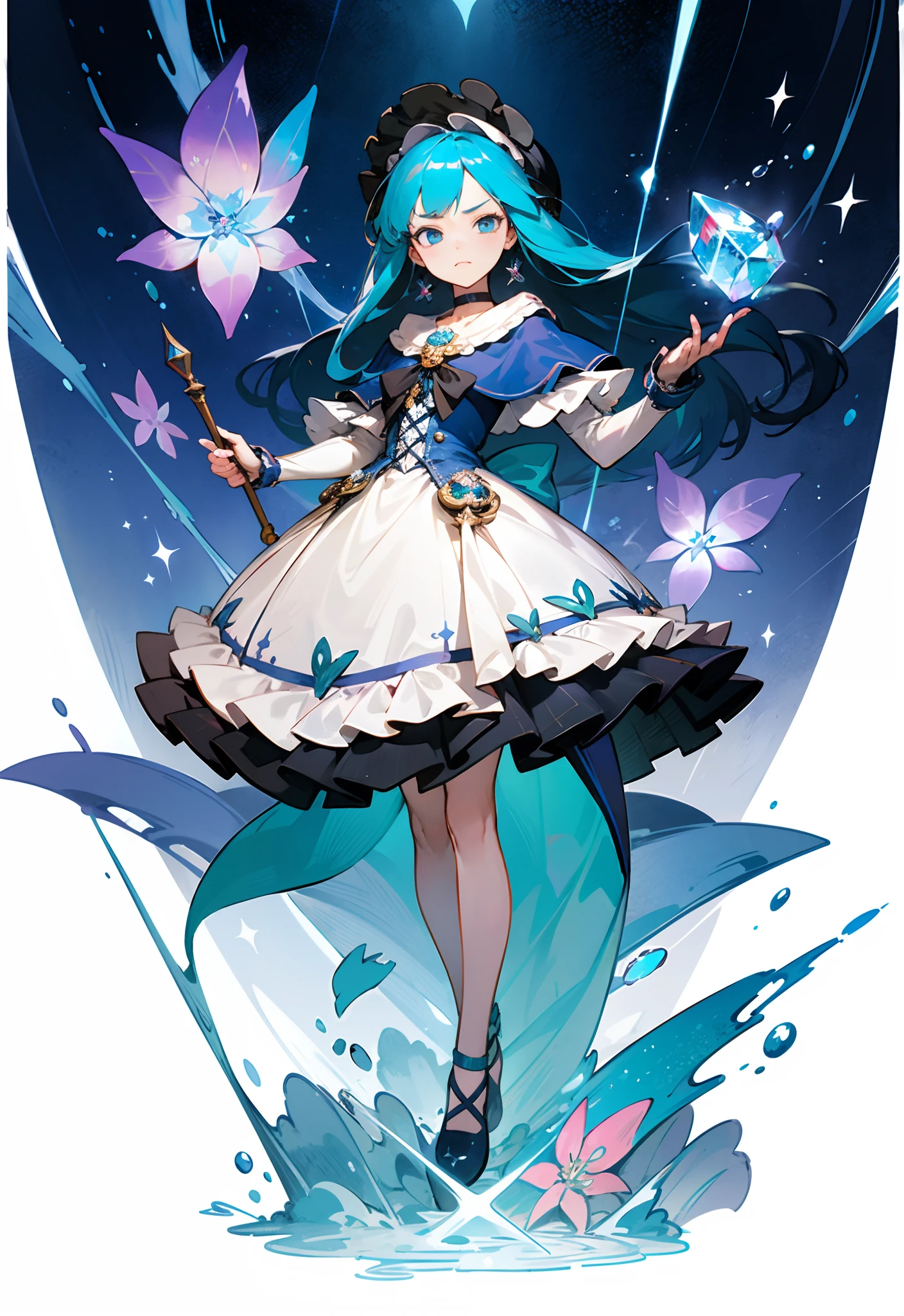 (masterpiece, best quality, illustration), 1 little girl, face focus, long blue hair, half updo, expressionless face, glaring, (long navy blue Lolita style dress), (ribbon decoration on dress), bonnet hat, full body, (fighting motion pose), crystal flower on bonnet, loli, (capelet), (choker), (intricate ornament), (Magical Girl), (magical girl costume), detail, (sparkling wand: 1.3), (magic effect: 1.3), (flowing dress: 1.2)