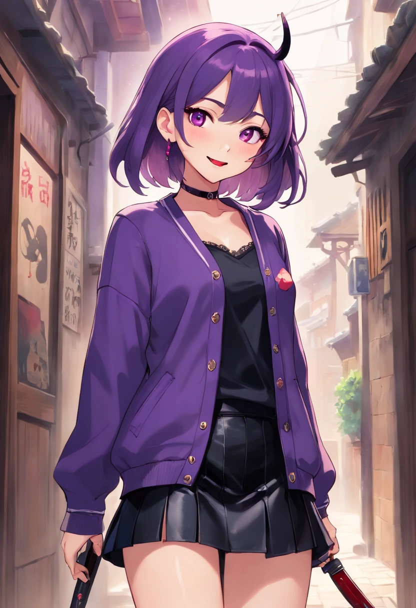 masterpiece、top-quality、Hi-Res、NM1、Headphones around the neck、校服、long-sleeve、Blue cardigan、Green skirt、panthyhose、Black jacket、Open jacket、cowboy shot、is standing、top-quality, Hi-Res, 1girl in, ,},{is standing,Looking at Viewer,, The tattoo, high-heels, But, Smile, Purple Lipstick、Eyes pink、Grinning、Smile, lightsmile, angry, blush, Saliva, Black micro mini skirt、 The tattoo、(dark purple lipstick、Purple lips)Emphasize the face、、(dark purple lipstick、Purple lips)a purple eye, Purple lips、Absolute area、Leather Micro Mini Skirt、Holding a knife、Licking a knife、abdominals、Bad Woman、sadistic、feeling of disgust、blood pool、is standing
