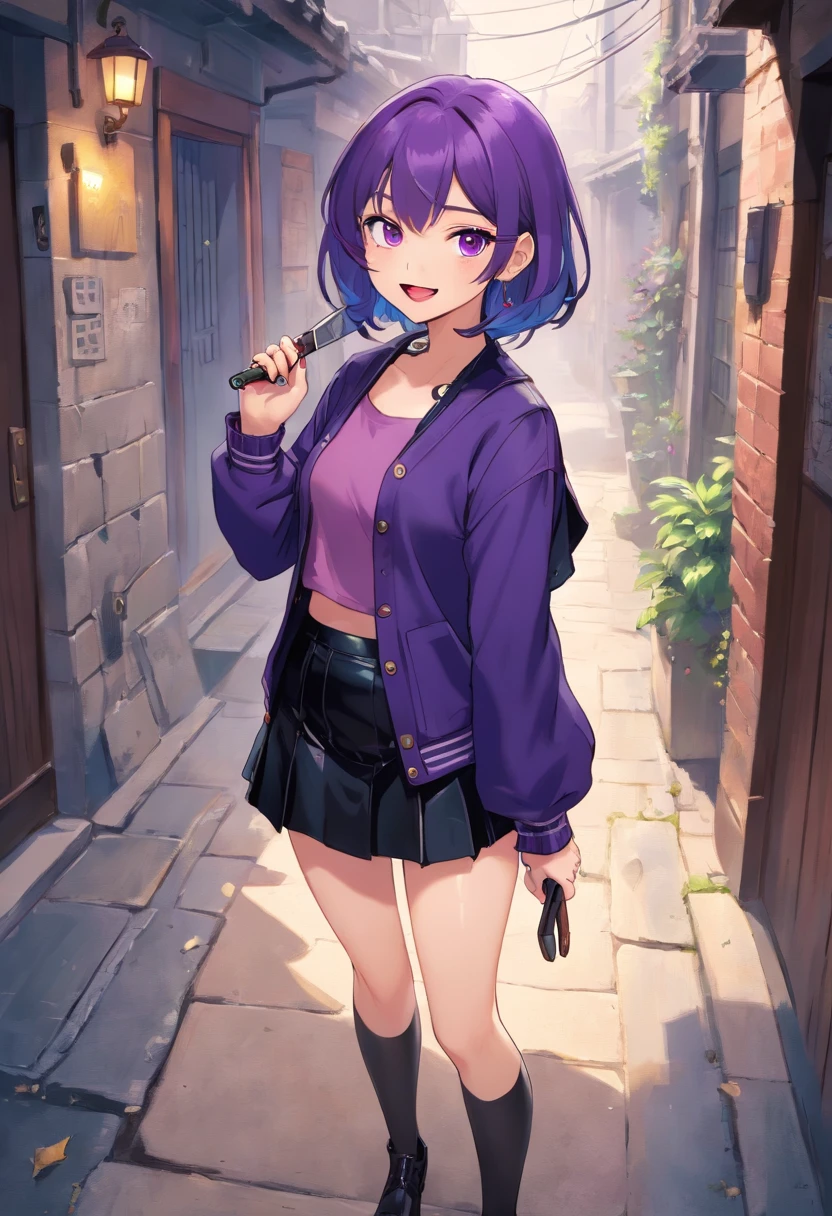 ​masterpiece、top-quality、Hi-Res、NM1、Headphones around the neck、校服、long-sleeve、Blue cardigan、Green skirt、panthyhose、Black jacket、Open jacket、cowboy  shot、is standing、top-quality, Hi-Res, 1girl in, ,},{is standing,Looking at Viewer,, The tattoo, high-heels, But, Smile, Purple Lipstick、Eyes pink、Grinning、Smile, lightsmile, angry, blush, Saliva, Black micro mini skirt、 The tattoo、（dark purple lipstick、Purple lips）Emphasize the face、、（dark purple lipstick、Purple lips）a purple eye, Purple lips、Absolute area、Leather Micro Mini Skirt、Holding a knife、Licking a knife、abdominals、Bad Woman、sadistic、feeling of disgust、blood pool、is standing