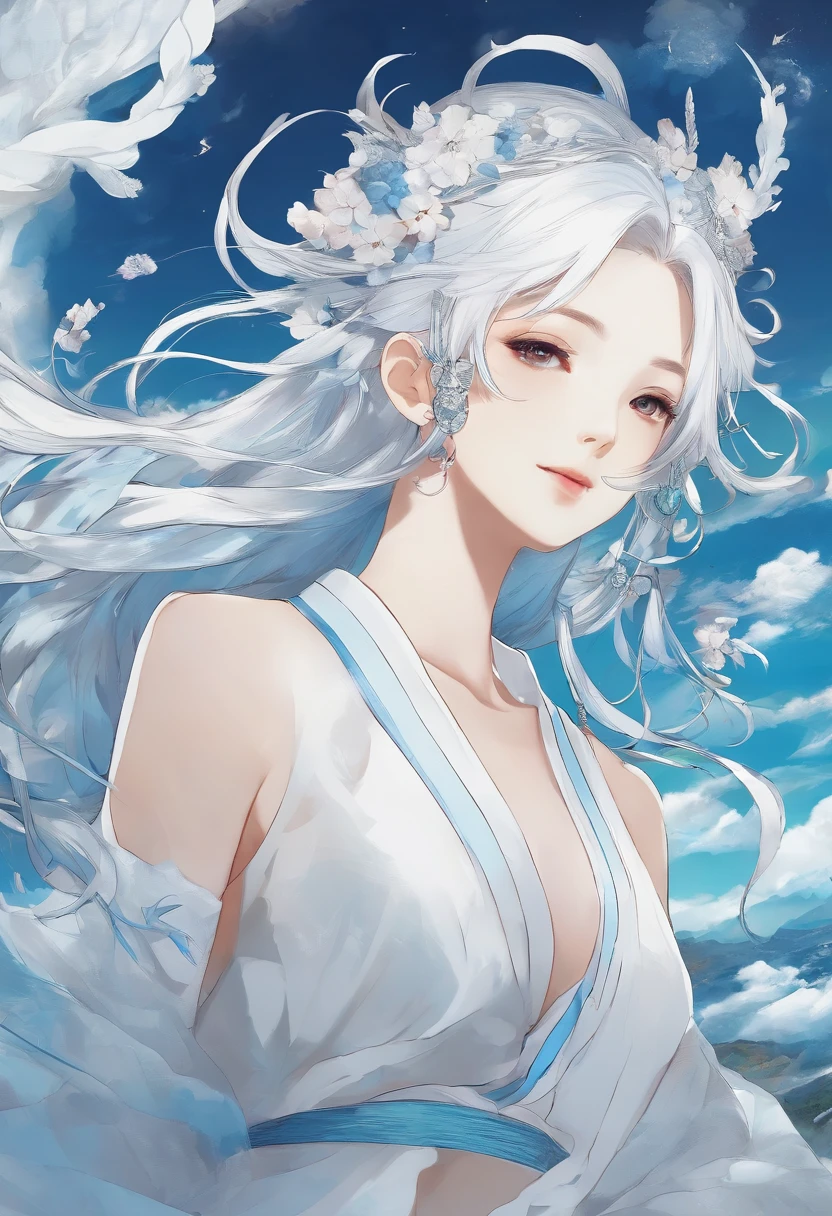 The expression is indifferent,Long white hair and white stockings,Cyan and blue clothes,Shoulders bare, China-style,Sea of clouds