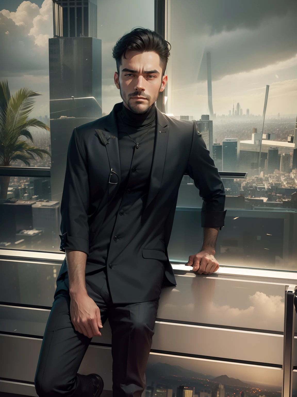 man in a black suit with a dog's head, sitting in an office, in the background a large window overlooking a city full of buildings