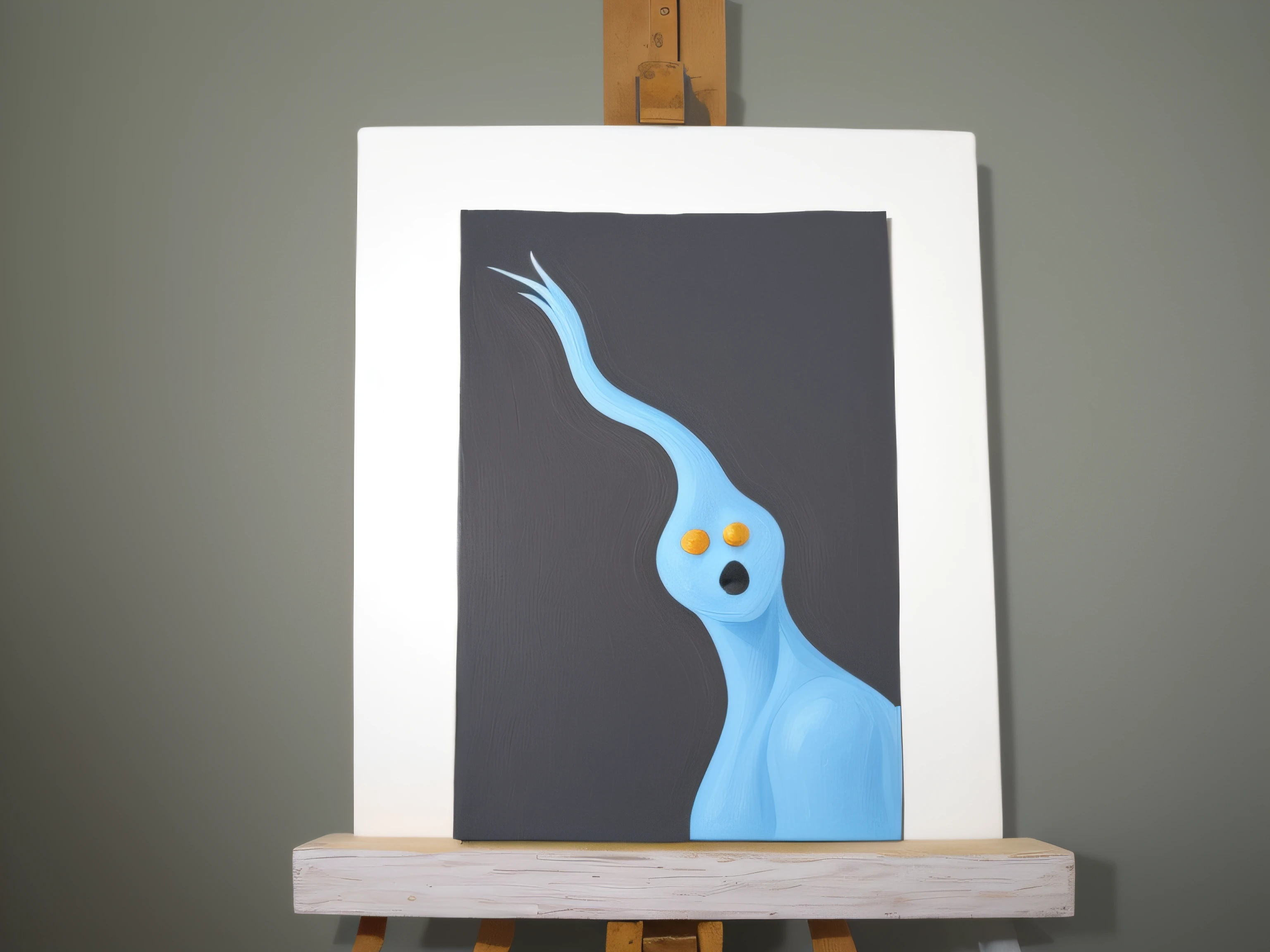 painting of a blue creture on a easel with a black background, gouache on canvas, very very coherent painting, gouache, inspired by Jean Arp, oil and alien on canvas, surreal gouache gesture painting, weird expressionist pose, inspired by Tomi Ungerer, inspired by Victor Brauner, tempera on wood, inspired by Milton Avery