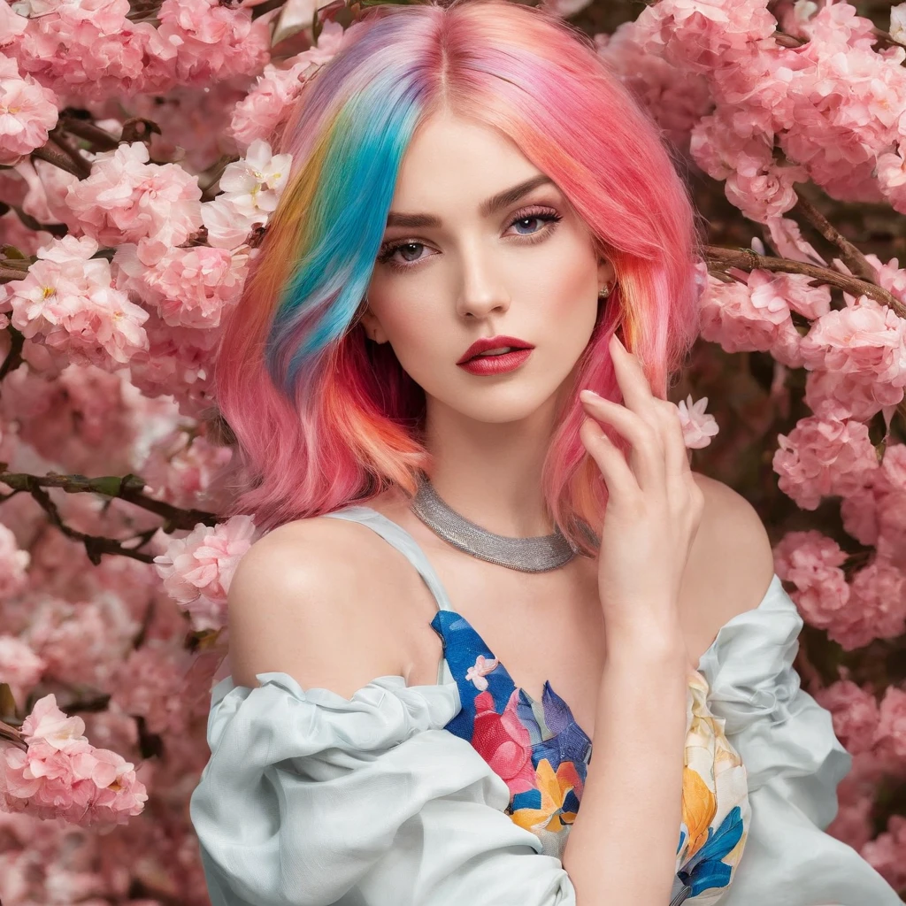 masterpiece, best quality, spring outfit, colorful hair, outdoor, magazine cover ,upper body,