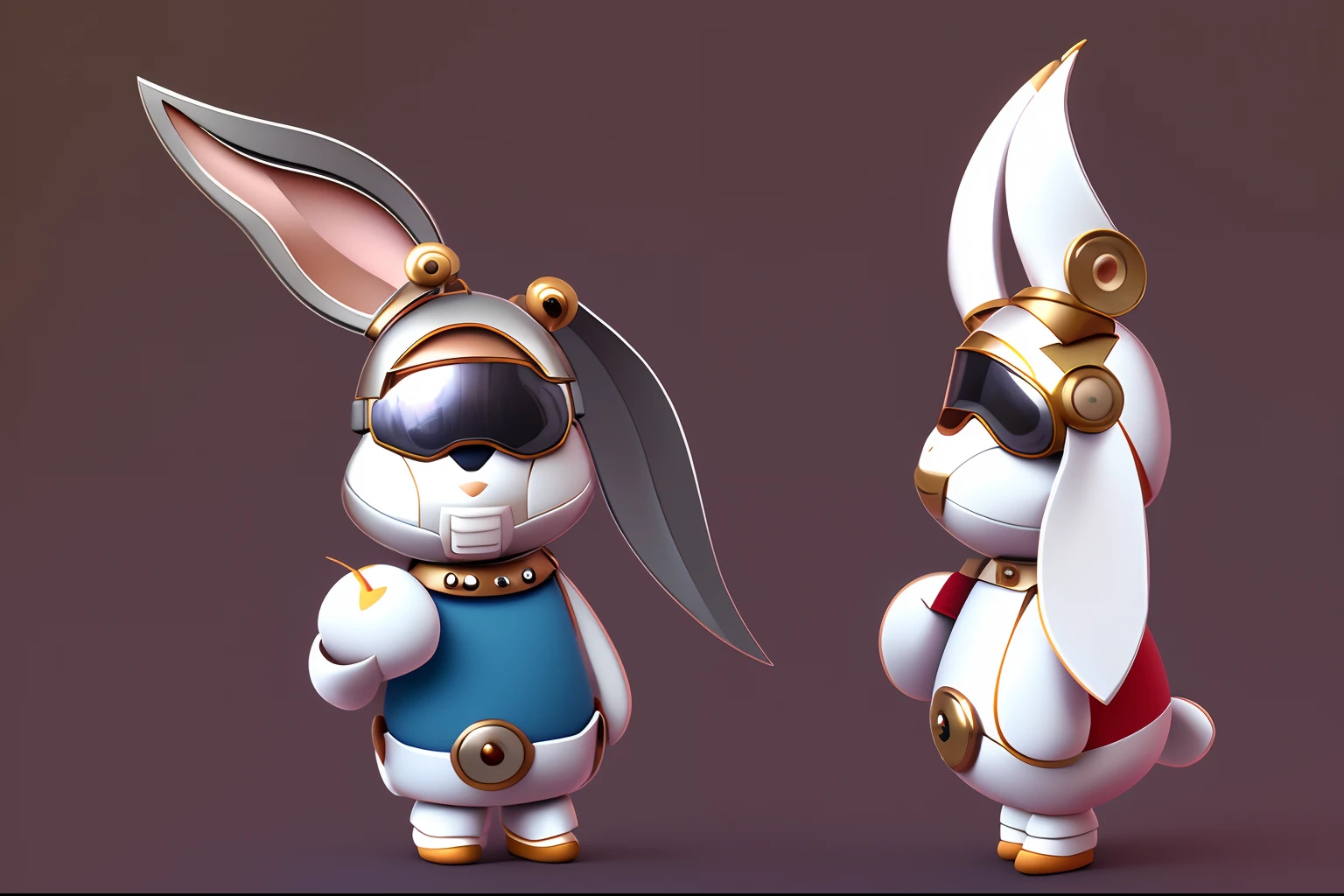 Model of two rabbits wearing apples and goggles, Helmet rabbit, rabbit robot, Tech Blue，mecha anthropomorphic penguin, Rabbit_Character_chest_chest, composite_In_scybernetic_Rabbit_hor ears, Cute_scybernetic_Gods, Anthropomorphic_robot_Man [ Fart thing ], Rabbit_warrior, Anthropomorphic_Rabbit_woman, composite_In_Rabbit_suit, Rabbit_woman_suit, Exquisite 3D pvc model in little cute isometric bunny emoji, soft smooth lighting, soft and muted colors, 3d icon clay render, 3d blender render, physically-based renderingt.