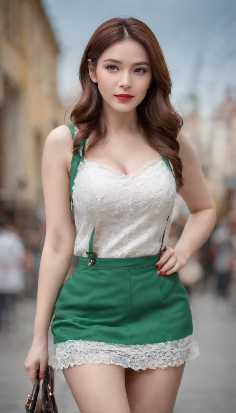 Street shooting girl，（（（Tall and fat））），It belongs to plus-size beautiful girls，lively and lovely，Eccentric，The body shape is round and full，Round face，（（（White suspender lace vest，Short green skirt））），Long legs，red high heel pumps，walk，Full-body photography，Works of masters，Studio quality，wallpaper hd，4k，The background is so beautiful，The style of young people's clothing is lively and bright, full of youthful atmosphere