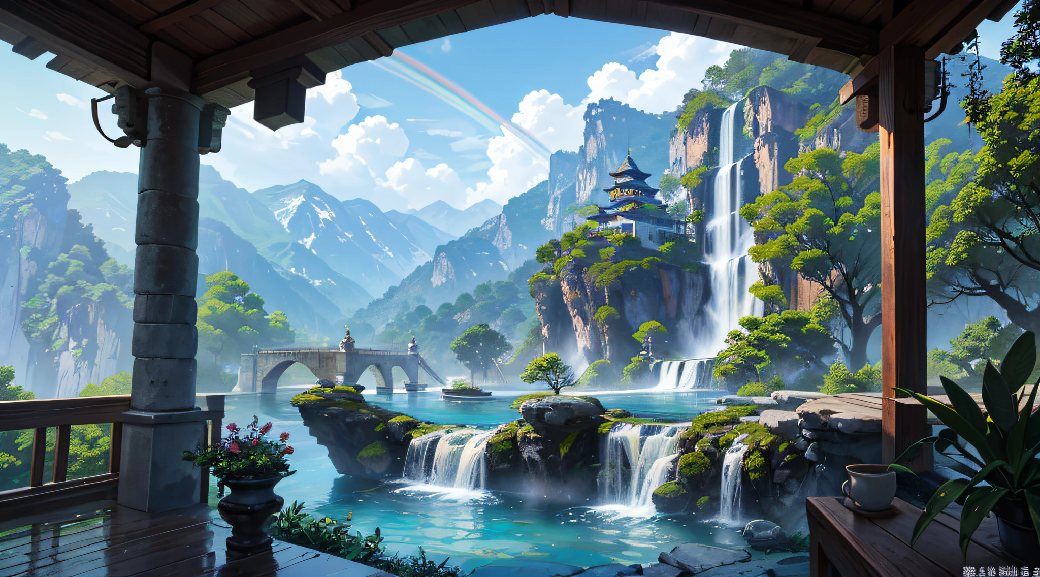 Beautiful wonderland,Water and mountains,Beautiful terrace(2),Flowers all over the mountains,Clear mountain streams,Antique stone arch bridge(2),Chinese palace architecture(2),Huge banyan tree(2),surrounded by cloud,After-rain scene,A beautiful glowing rainbow in the sky(2),Highly realistic,超高分辨率,high detal,Works of masters,in a panoramic view,Dingdall effect,Natural soft light --auto