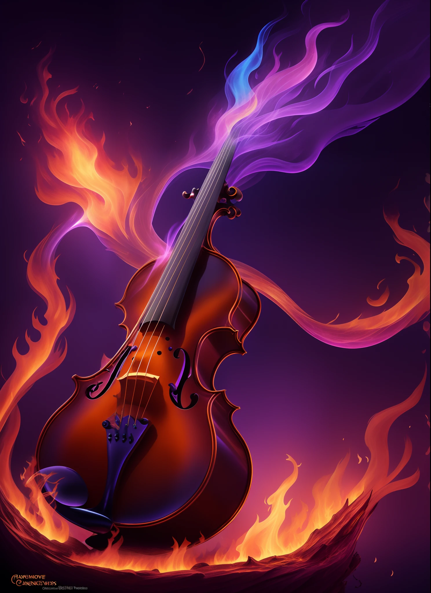 arafed violin with flames and a black background, fantasy violin, (fantasy violin), violin, background artwork, artwork, bright glowing instruments, on fire, guitar concept art, stylized digital illustration, musical instrument, music poster, cello, hd illustration, concept piece, flame and fire, molten, instrument, fire and flame, flaming background, detailed digital illustration, ultraviolet flames, purple flames, neon purple flames