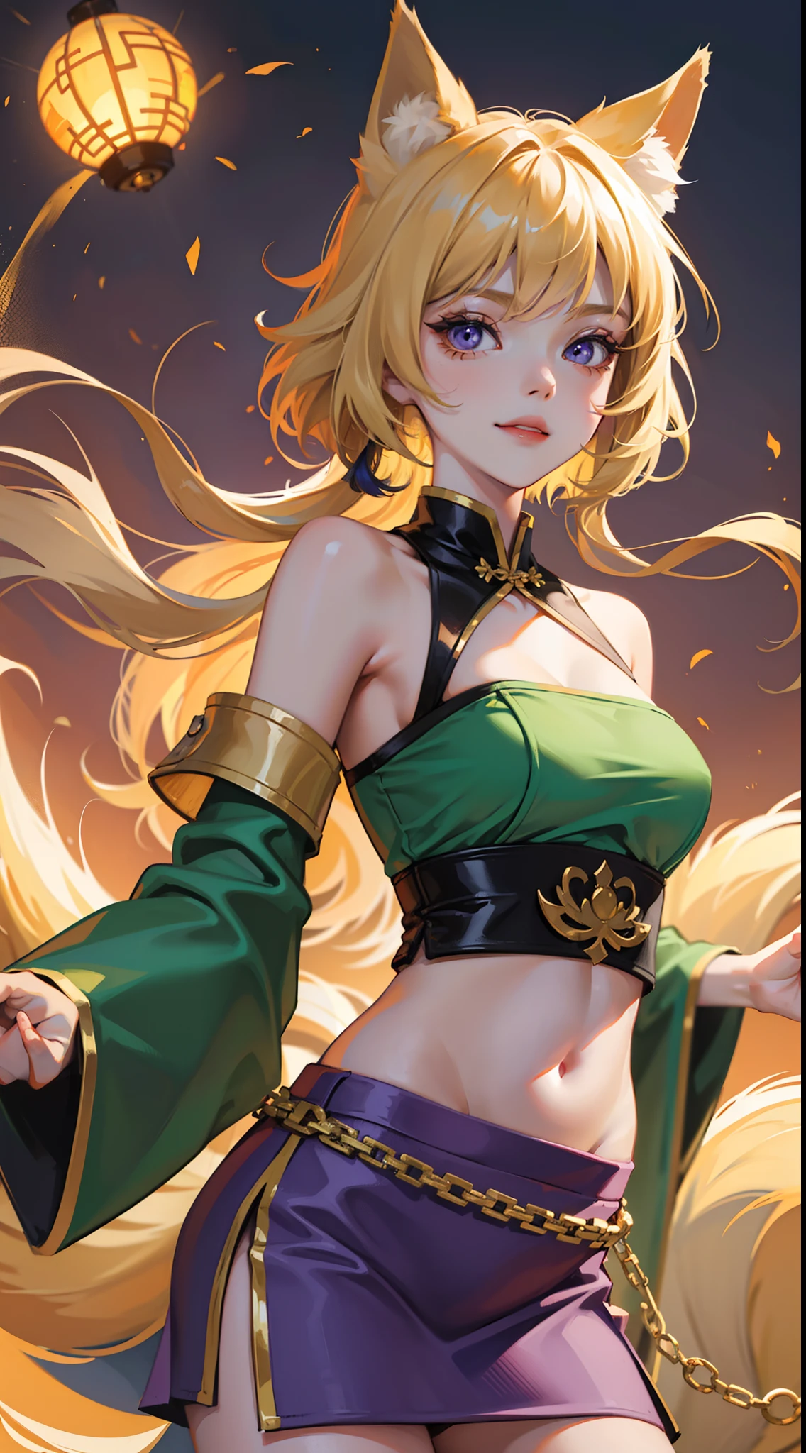 young girl, short blonde hair, Fox ears, violet eyes, long chinese skirt, Green Chinese tight top, open belly, smirk, Masterpiece, hiquality