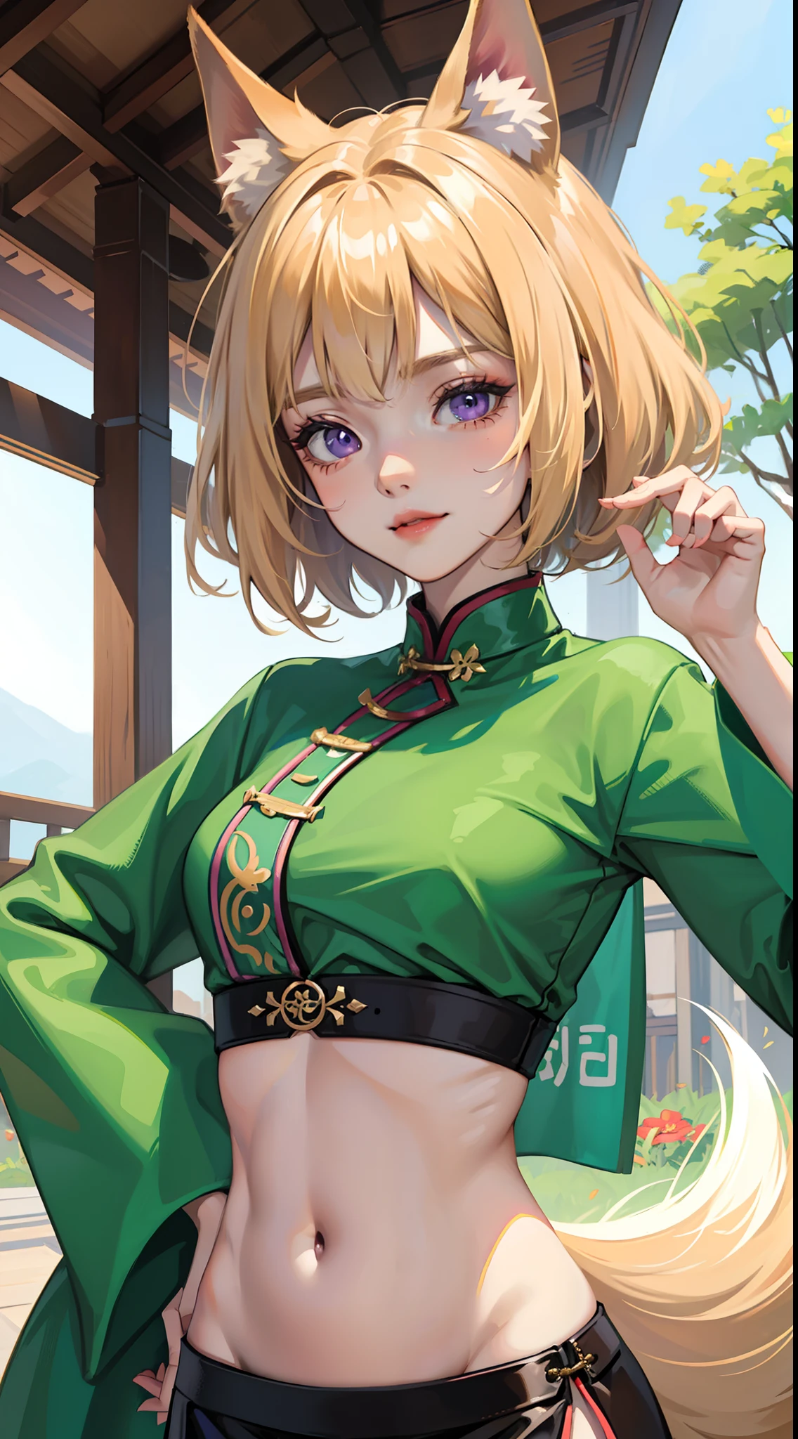 young girl, short blonde hair, Fox ears, violet eyes, long chinese skirt, Green Chinese tight top, open belly, smirk, Masterpiece, hiquality