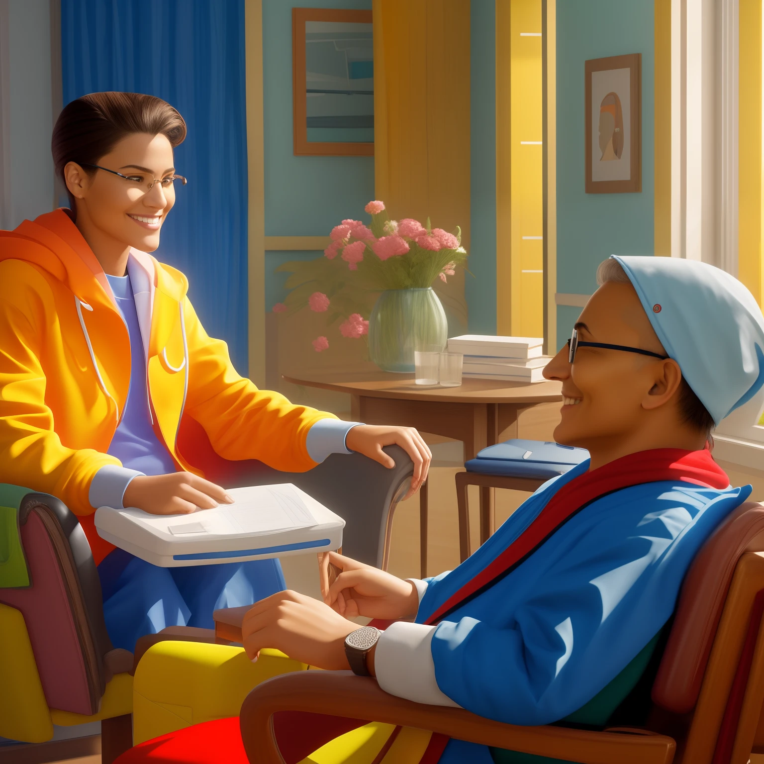Scenario: Smiling psychologist, sitting in a chair, helps his patient, sitting in another chair. Style Photorealism, with bright colors, well-defined in 8K. Color it this way, so that the characters are easily recognizable and reveal the perfection of the facial expressions of the characters, ray traced, Girl in hoodie