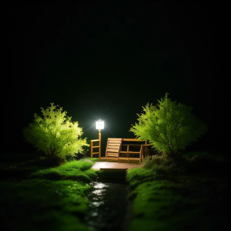 In a rainstorm,Bright yellow-green,Hostel 1:2 miniatures,3D equidistance,There are lights in the room,Dwarf shrub style,Realistic painting,cinematric light,Lunar soil,deep in the night,Magnificent,16K depth of field,8K