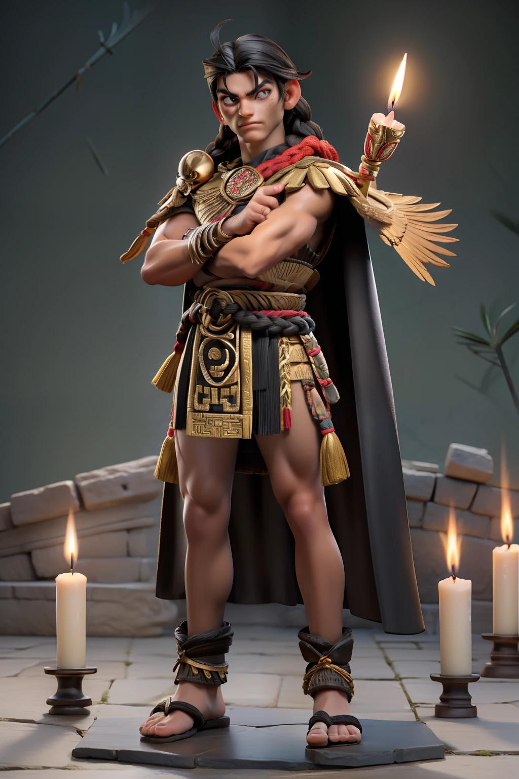 Masterpiece - Ilustraciones - Detallado - Mejor calidad)) - Anime style - realistic - perfect proportions - perfect face - finely detailed face - Perfect anatomy - God of the underworld - 1 man - young - intimidating presence - intimidating look - normal eyes - Native Aztec clothing - warrior - black hair - braid behind the left ear - cape on one shoulder - Aztec huaraches - warrior - golden eagle feather ornaments in the hair - Aztec weapons - candle lights - Aztec temple background - full body - no errors