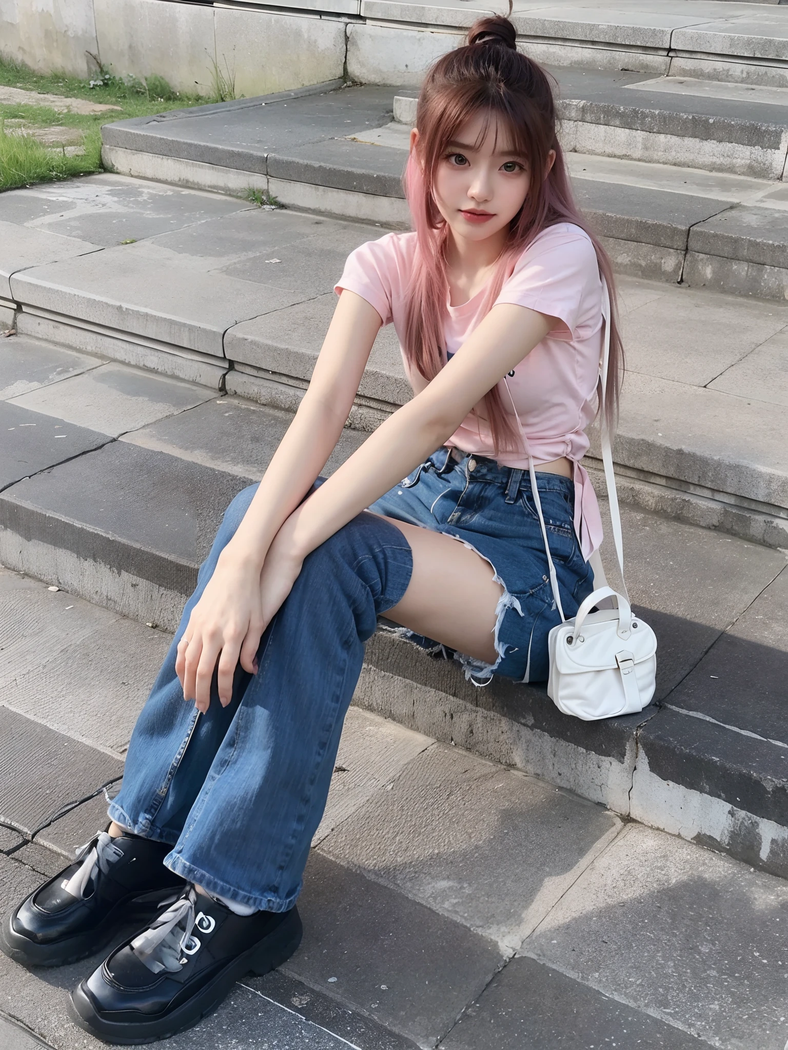 A pink-haired Arapefi girl sits on the steps with her purse, kawaii shirt and jeans, chiho, Casual pose, sat on the ground, xintong chen, taken in 2022, Y2K style, y 2 k style, full body cute young lady, leaked image, with pink hair, belle delphine, xision wu, 🤤 girl portrait