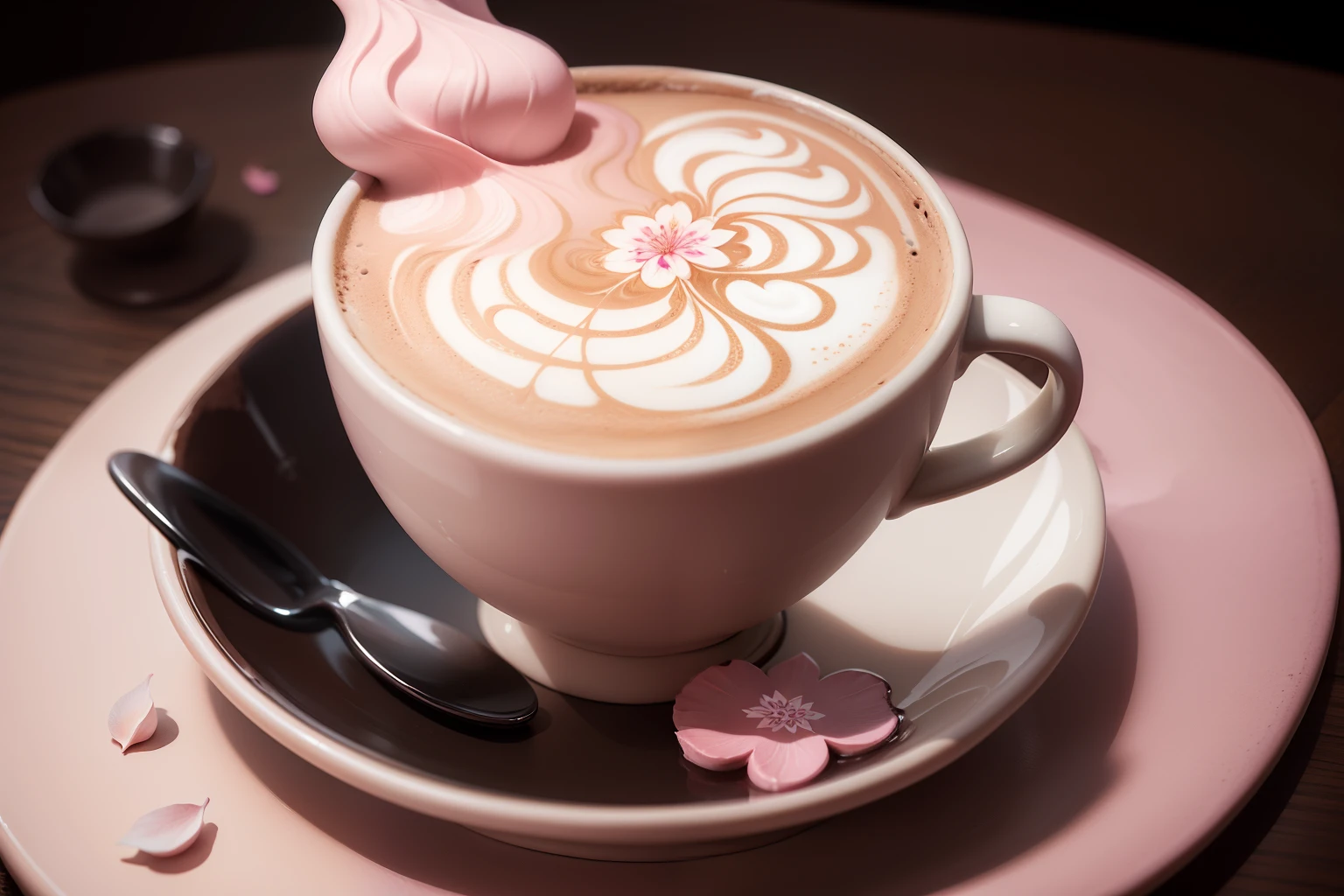 cherry blossom petals dance of mystical atmosphere latte art, baby pink chocolate, black cup, moon night, on the table, in the modern room, intricate detail,