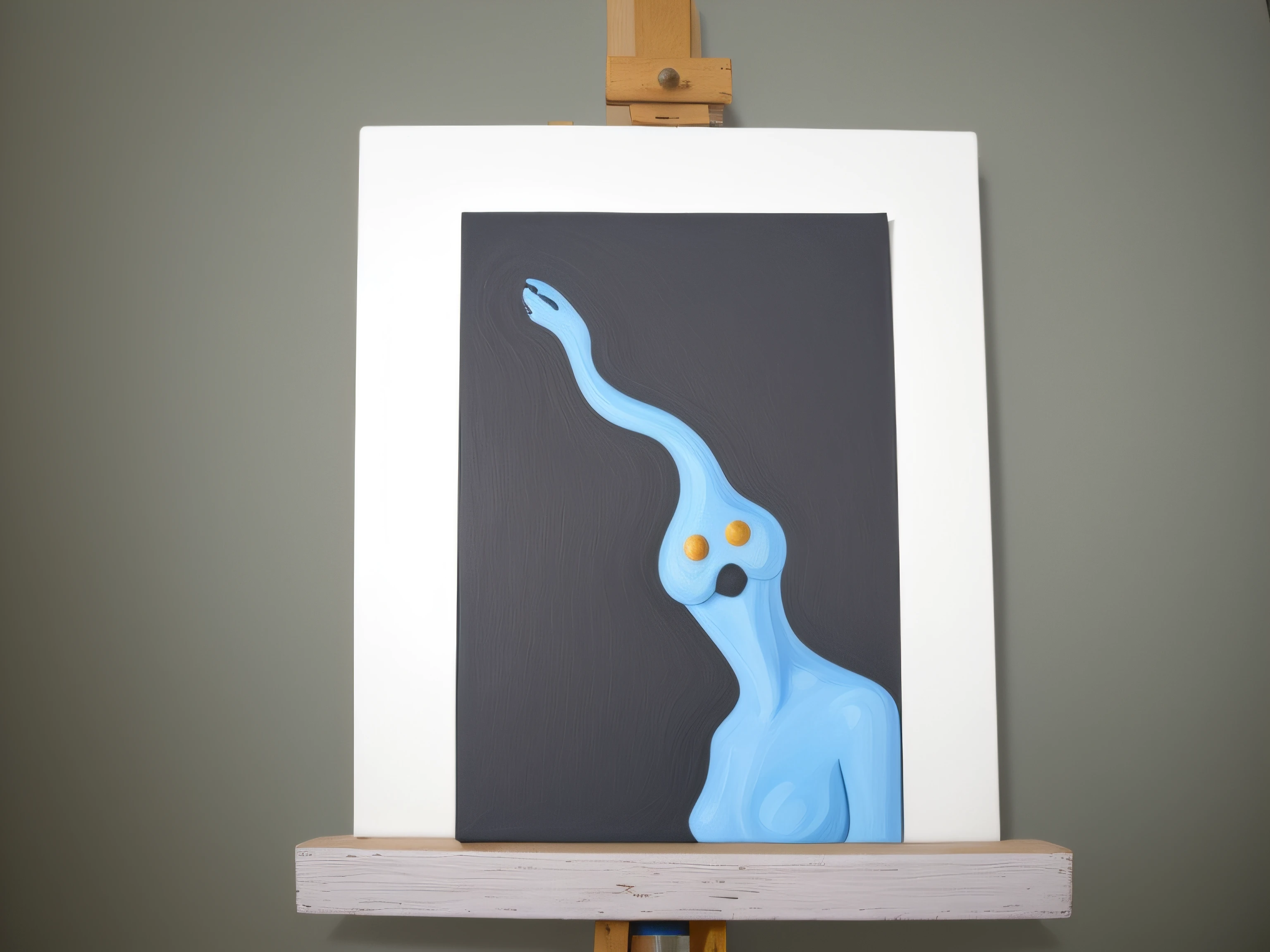 painting of a blue creture on a easel with a black background, gouache on canvas, very very coherent painting, gouache, inspired by Jean Arp, oil and alien on canvas, surreal gouache gesture painting, weird expressionist pose, inspired by Tomi Ungerer, inspired by Victor Brauner, tempera on wood, inspired by Milton Avery