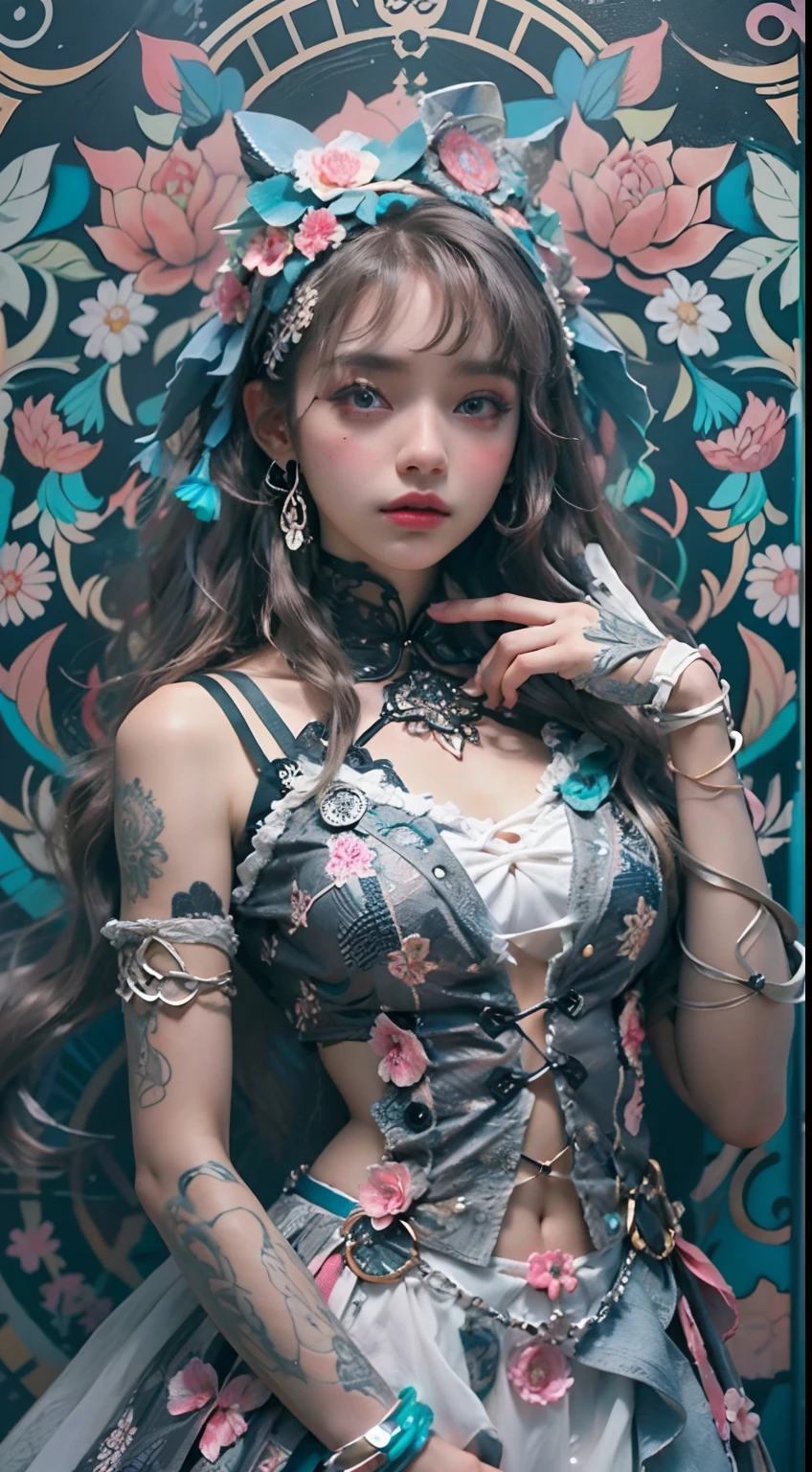 offcial art, Unity 8k wallpaper, Ultra detailed, Beautiful and aesthetic, Beautiful, Masterpiece, Best quality, (zentangle, mandalas, Tangled, entangle), 8K, Skin texture:1.4, tmasterpiece:1.4,Pose behind beauty,(Cyberpunk-style ta costume in random colors),