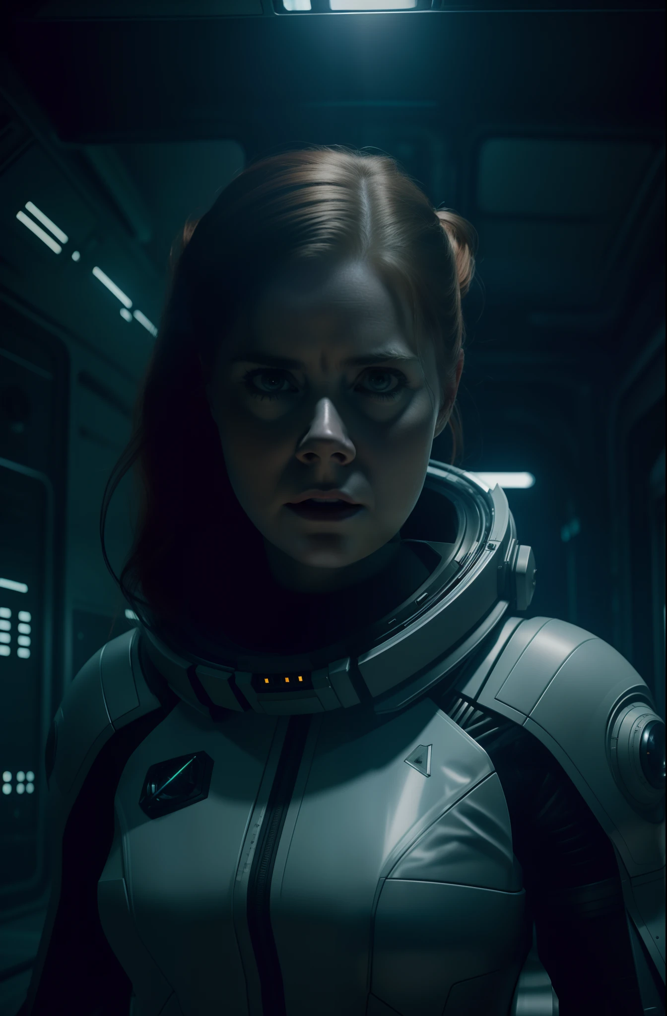 Hot terrified Sci fi Amy Adams on Ishimura Horror Space Ship photography, natural light, photorealism, cinematic rendering, ray tracing, the highest quality, the highest detail, Cinematic, Third-Person View, Blur Effect, Long Exposure, 8K, Ultra-HD, Natural Lighting, Moody Lighting, Cinematic Lighting