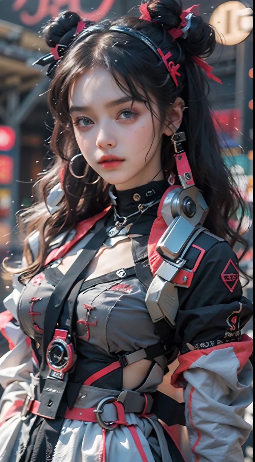 offcial art, Unity 8k wallpaper, Ultra detailed, Beautiful and aesthetic, Beautiful, Masterpiece, Best quality, 8K, Skin texture:1.4, tmasterpiece:1.4,Pose behind beauty，(Cyberpunk style Lolita costume in random colors)，