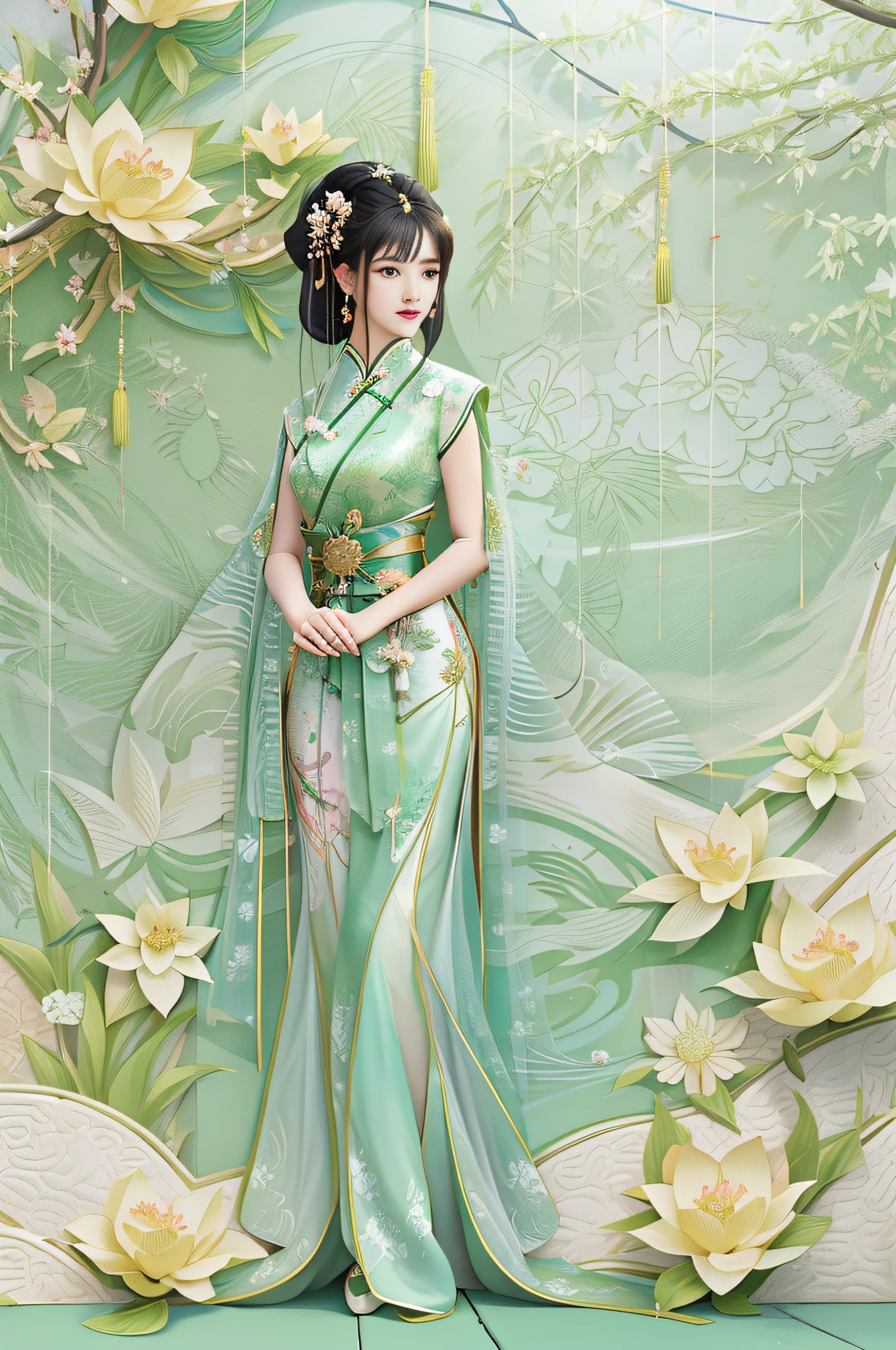 In front of the wall stood a woman in a green dress, Cheongsam, Palace ， A girl in Hanfu, with acient chinese clothes, Chinese dress, Inspired by Lan Ying, inspired by Mei Qing, author：Chen Lin, Chinese style, Beautiful digital artwork, Inspired by Qiu Ying, yanjun cheng, Chinese costume, Beautiful character painting