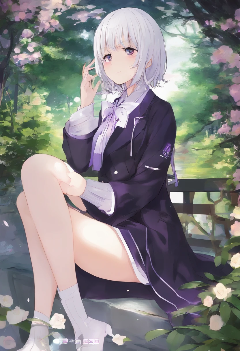 with short white hair,Purple pupils,Blackn clothes,JK Campus,white stockings,Tall and tall,Bad smile,lakeside,hair adornments
