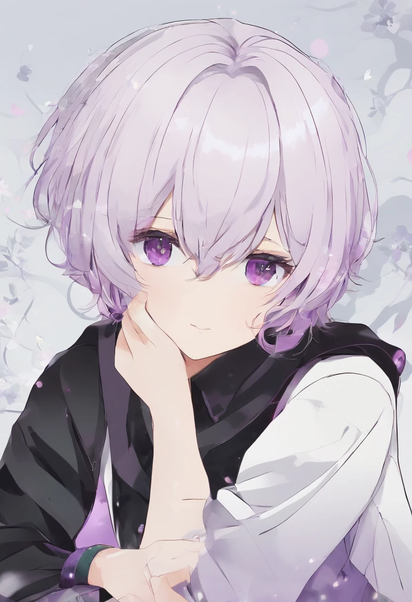 with short white hair,Purple pupils,Blackn clothes,JK Campus,white stockings,Tall and tall,Bad smile,lakeside,hair adornments