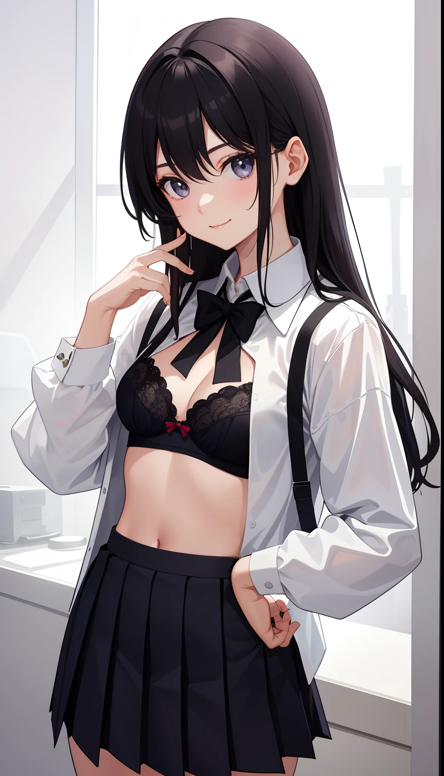 1girl in、AS-Adult、A smile、The shirt、skirt by the、(small tits)(Sheer Bra)、Upper body portrait、