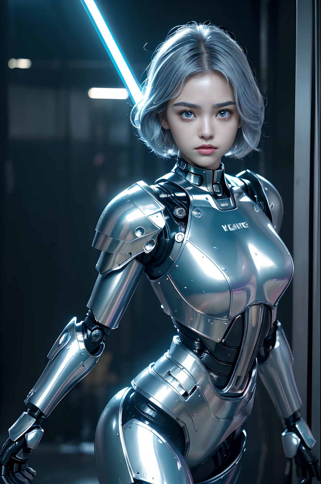 the best ever、8K,(((full body Esbian)))、(((The sheen)))、(((metalic)))、(((Very glossy mirror surface、Full body armor without very hard iron logo)))、(((cyberpunked)))、The cute beauty of the mecha(Best Quality, Detailed details, masutepiece, , Chiaroscuro，(Very well-shaped medium milk,,,,,,,,,、Bust photos are ultra-realistic and realistic), Highly detailed Hasselblad photos )、(((Beautiful and shining natural eyes)))、（((Highly photorealistic human beings)))、(Perfectly round pupils)、(((The details of the iris of the pupil are very amazing)))、(((Shining eyes)))、(((accurate fingers)))、(((Limbs without breakdowns)))、(((The face of a Caucasian 12-year-old girl in Russia)))、(((Details of the very white skin of one Caucasian girl)))、Naturally closed mouth 、Staring eyes、(((eyesight)))、(((a baby face)))、The feminine face is very cute、Feminine body、(((Caucasian High Nose)))、a small face、soft cheeks、(((Looking at the camera)))、Naturally closed mouth、Balanced face、(((drooing eyes)))、(((Not a crushing eye)))、(((Human-like Caucasian female body shape)))、(((Slightly longer arms)))、(rather long torso)、(((Pretty big hands)))、(((ﾘｱﾙhuman face)))、(((Glowing blue light blue silver hair)))、(((Cool and cute short-cut hair)))、(((The background is the future)))、(((8 Head Body)))、(((Luminescent purple eyes)))、(((Light Blue Silver Eyebrows)))、(((of very thin eyebrows)))、(((Looking here)))、(((Background with:Future World Mecha)))、bladerunner、(((RoboCop)))、Ghost in the Shell、Back to the Future、(((Night background)))、(((No makeup)))、(((Hollywood Science Fiction Movie Lighting))、(((Detroit in 5000 AD)))、Height 164cm、Leg length 82cm、the length of the head is 21 cm、,Very subtlyＸan legs、(((Cool shooting)))、(((Cool pose)))、Rei Ayanami、(((murky)))、Combat readiness、Preparing for a combat pose、(((cyborgs)))、(((Artificial human)))、(((No overexposure)))、(((nffsw)))、(Natural roughness, Ultra-fine 35mm film),((Gentle eyes))、(((Very elaborate high hardness iron bikini armor without logo)))、(((No logo)))、(((One