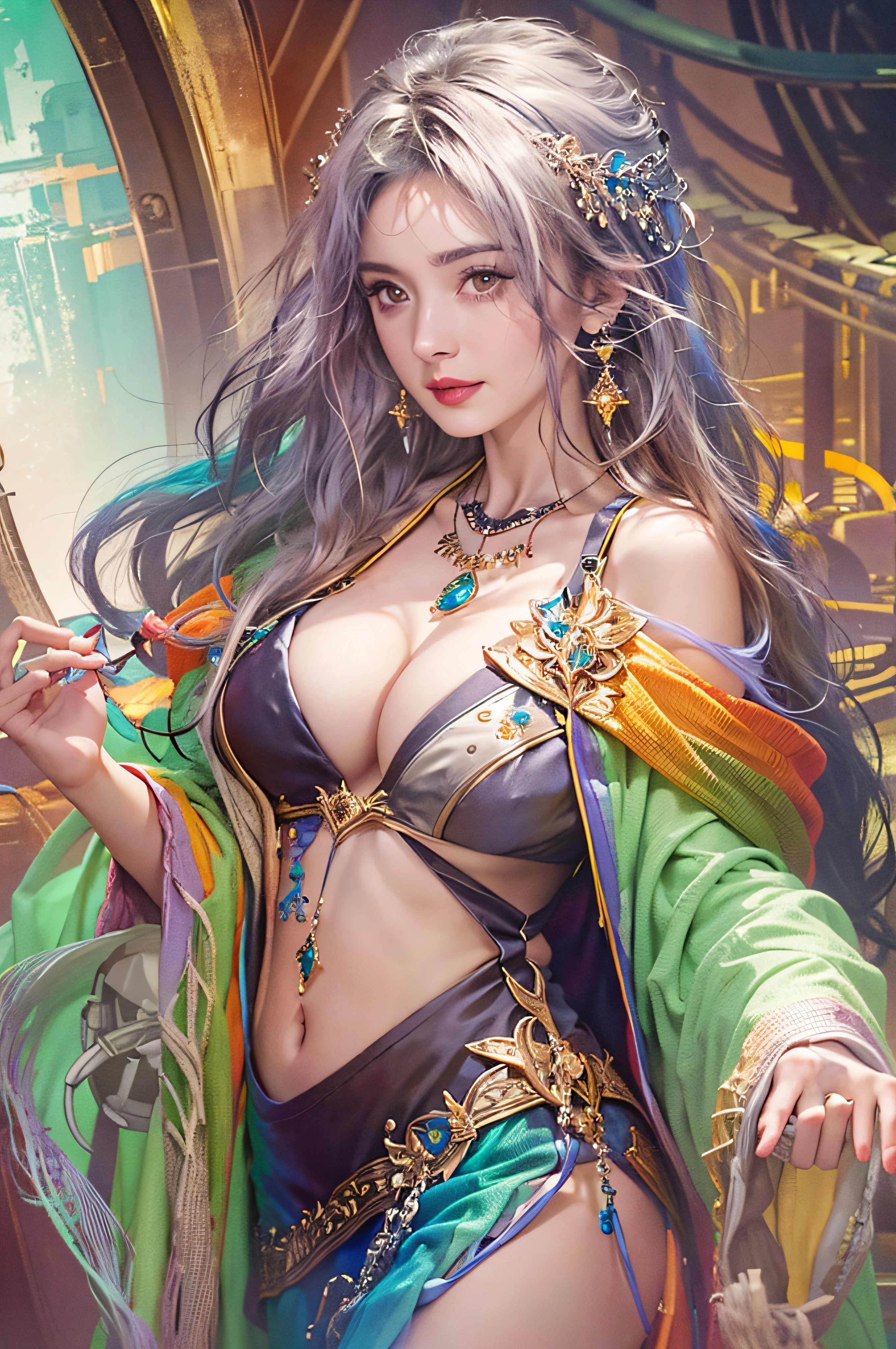 Photorealistic, high resolution, 1womanl, Solo, Hips up, view the viewer, (Detailed face), Rainbow-colored hair, Long hair, Colorful robes,Oversized clothes, midjourney portrait, jewelry,cleavage,huge tit
