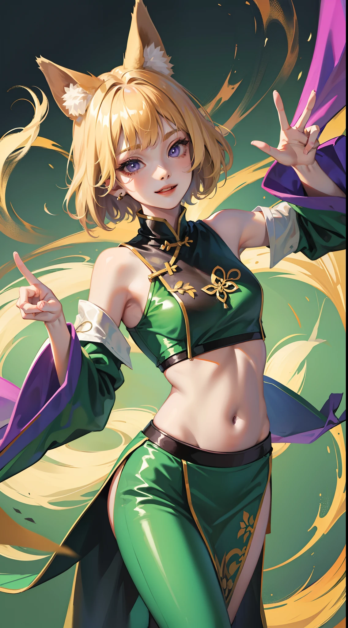 young girl, short blonde hair, Fox ears, violet eyes, long chinese skirt, Green Chinese tight top, open belly, smirk, Masterpiece, hiquality